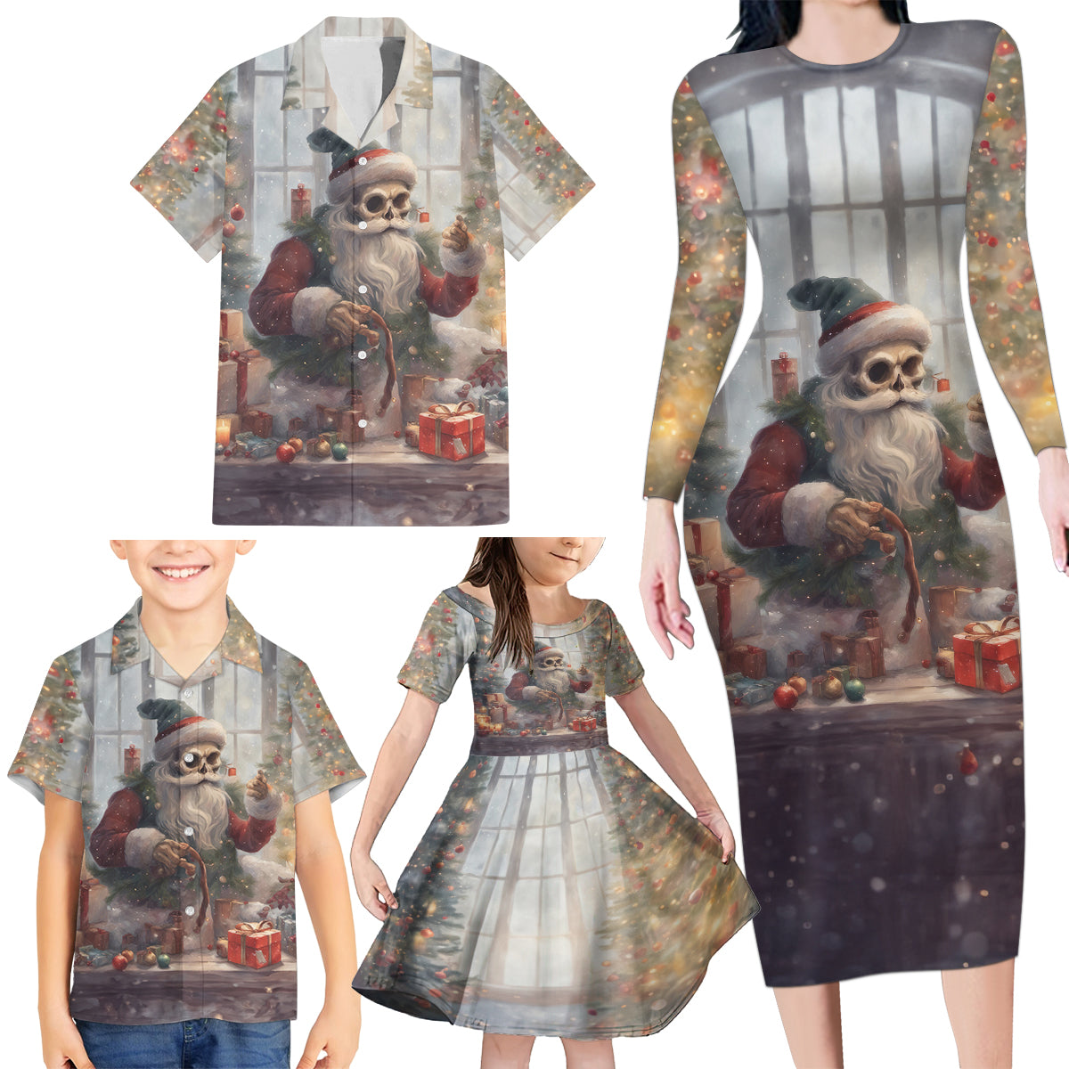 Skeleton Santa Claus Family Matching Long Sleeve Bodycon Dress and Hawaiian Shirt Repair For Christmas Santa Claus - Wonder Print Shop