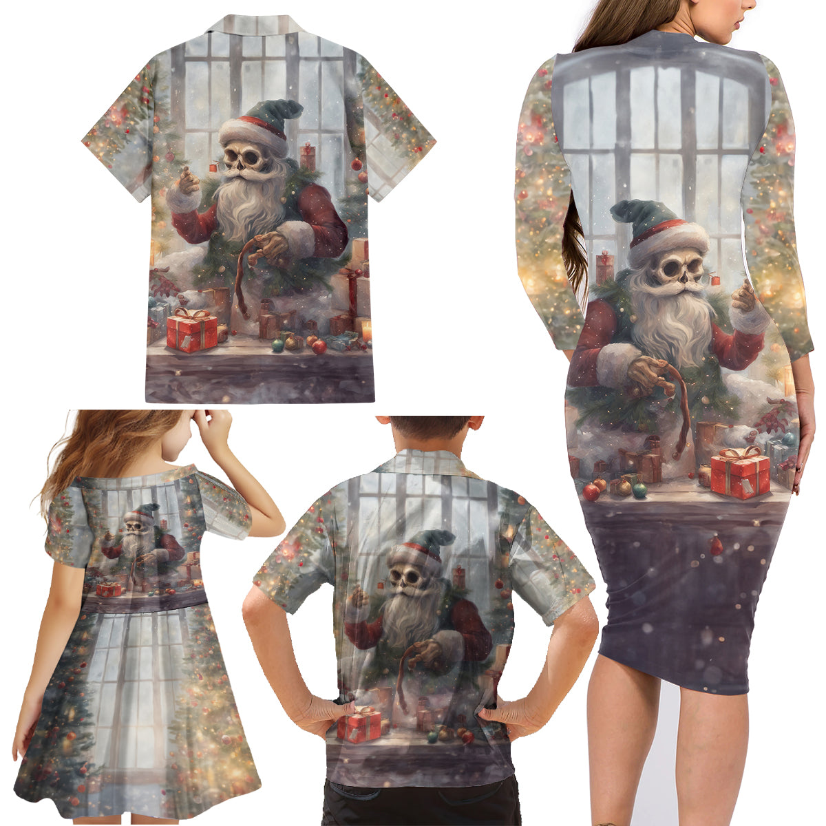 Skeleton Santa Claus Family Matching Long Sleeve Bodycon Dress and Hawaiian Shirt Repair For Christmas Santa Claus - Wonder Print Shop