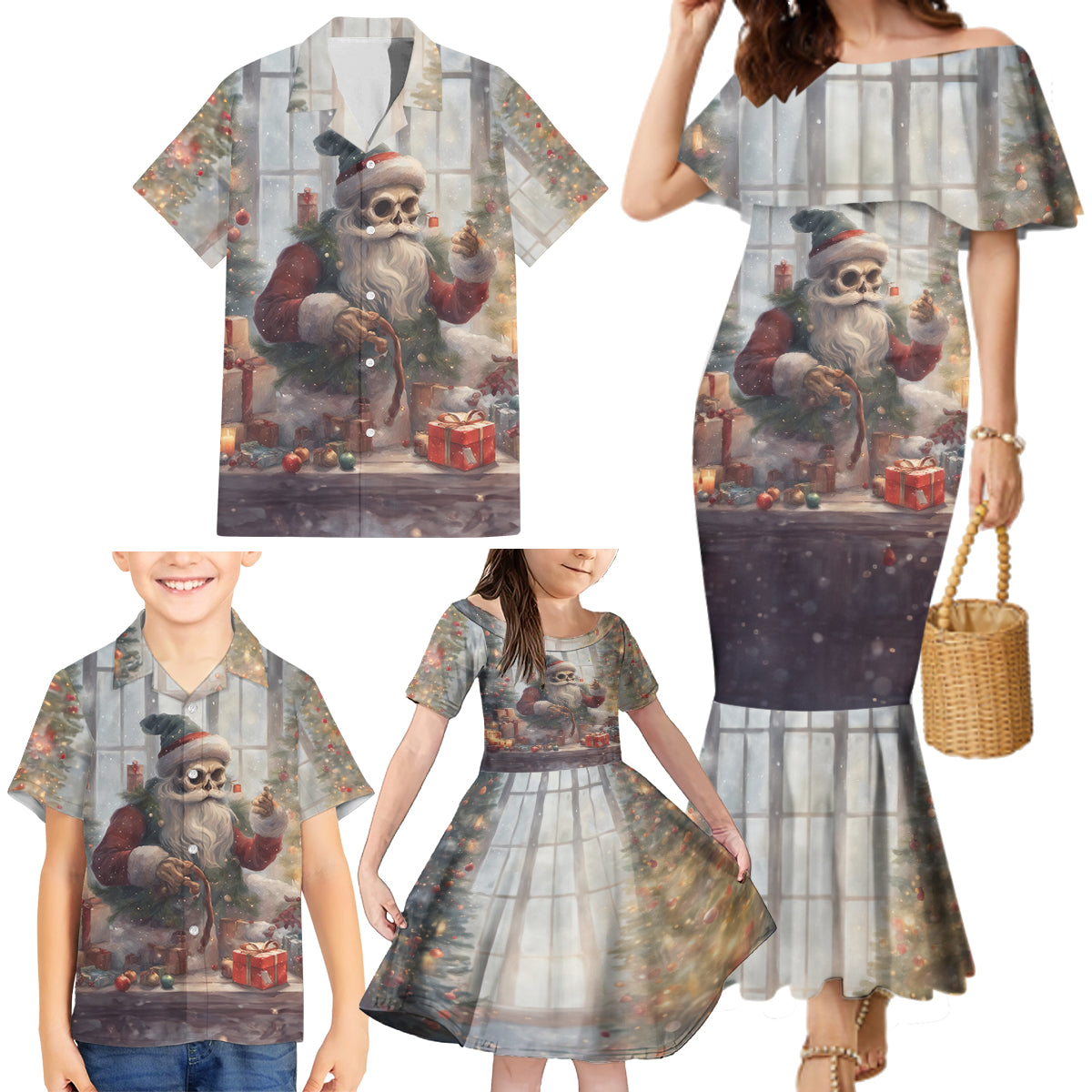 Skeleton Santa Claus Family Matching Mermaid Dress and Hawaiian Shirt Repair For Christmas Santa Claus - Wonder Print Shop