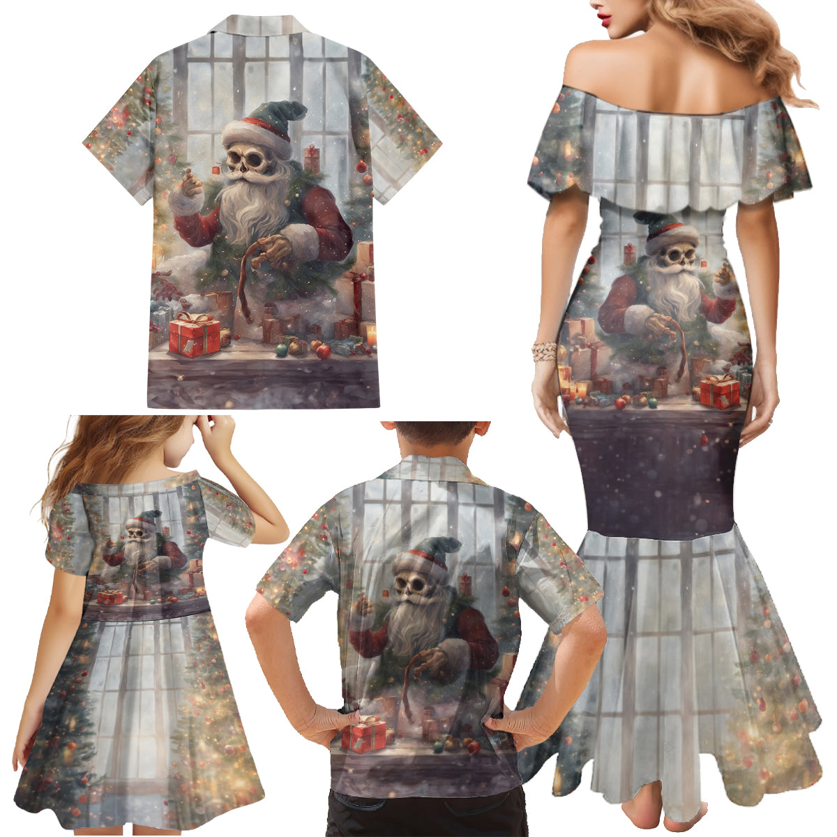 Skeleton Santa Claus Family Matching Mermaid Dress and Hawaiian Shirt Repair For Christmas Santa Claus - Wonder Print Shop