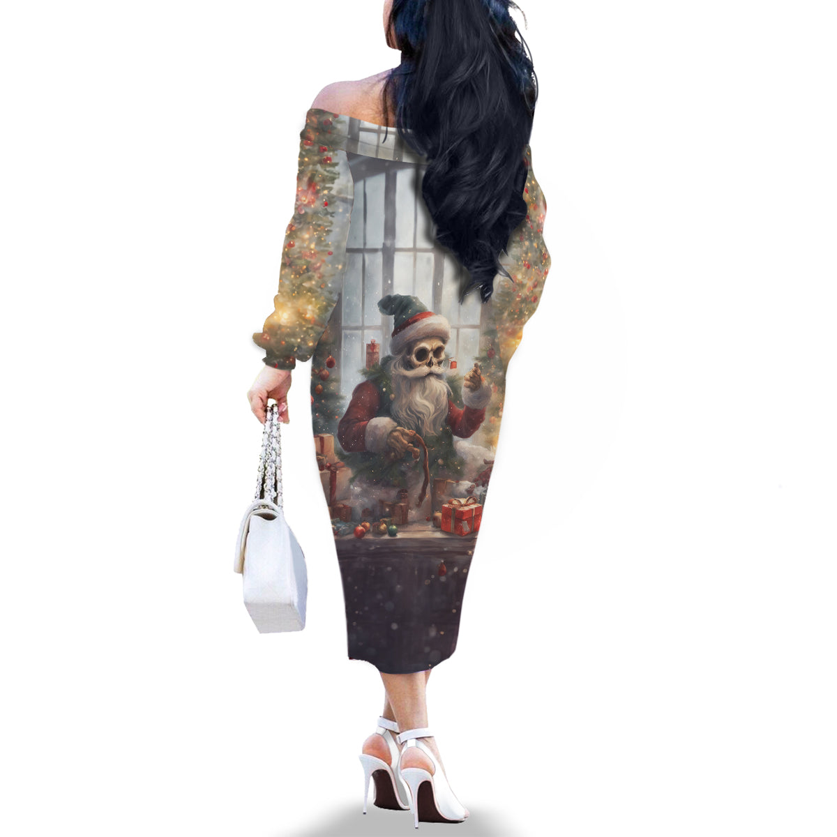 Skeleton Santa Claus Family Matching Off Shoulder Long Sleeve Dress and Hawaiian Shirt Repair For Christmas Santa Claus - Wonder Print Shop