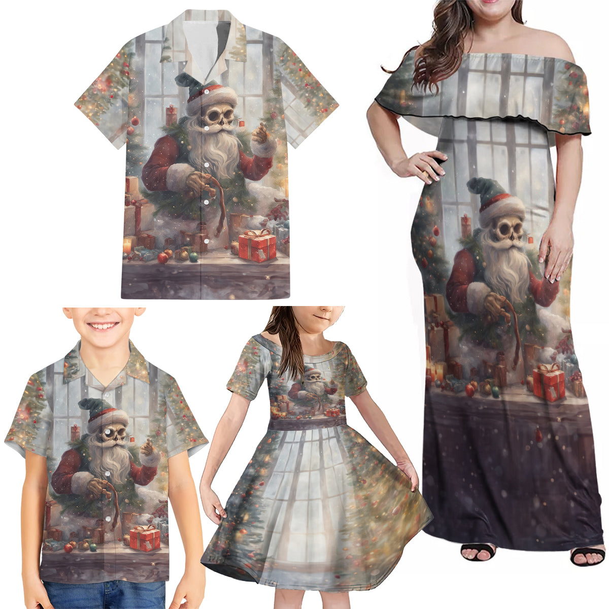 Skeleton Santa Claus Family Matching Off Shoulder Maxi Dress and Hawaiian Shirt Repair For Christmas Santa Claus - Wonder Print Shop