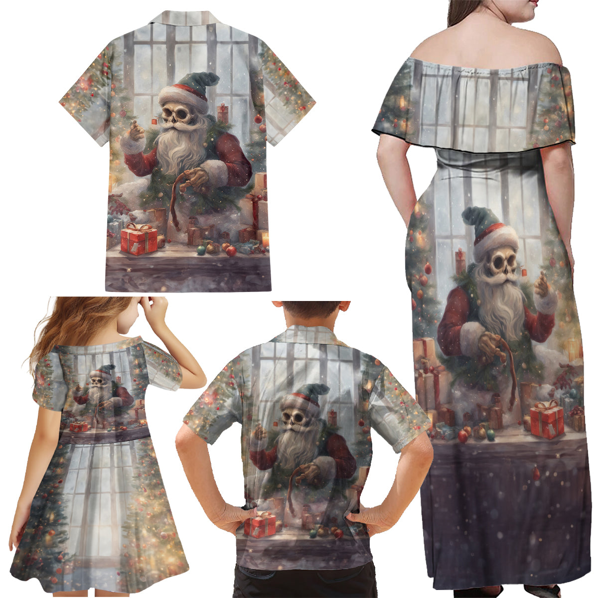 Skeleton Santa Claus Family Matching Off Shoulder Maxi Dress and Hawaiian Shirt Repair For Christmas Santa Claus - Wonder Print Shop
