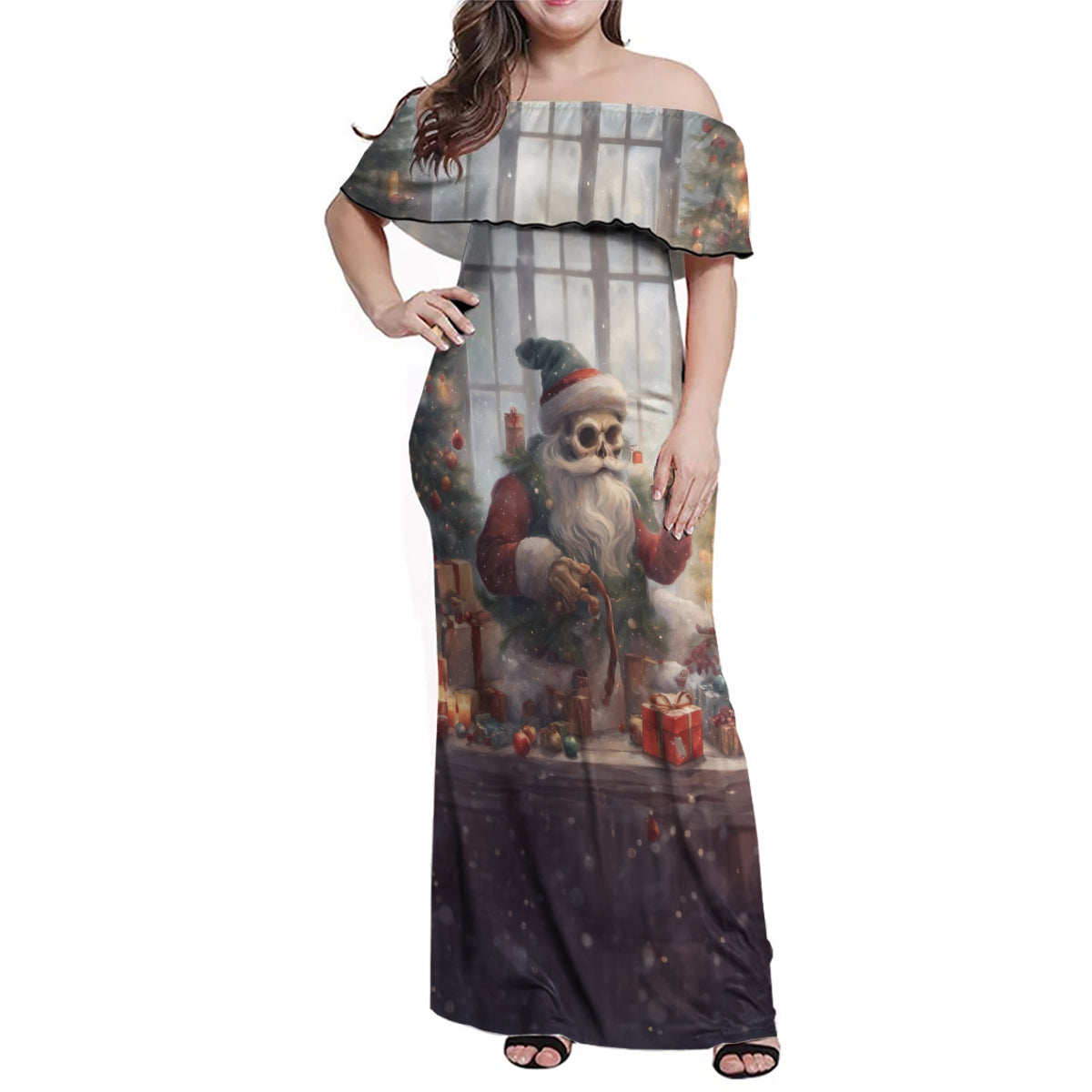 Skeleton Santa Claus Family Matching Off Shoulder Maxi Dress and Hawaiian Shirt Repair For Christmas Santa Claus - Wonder Print Shop