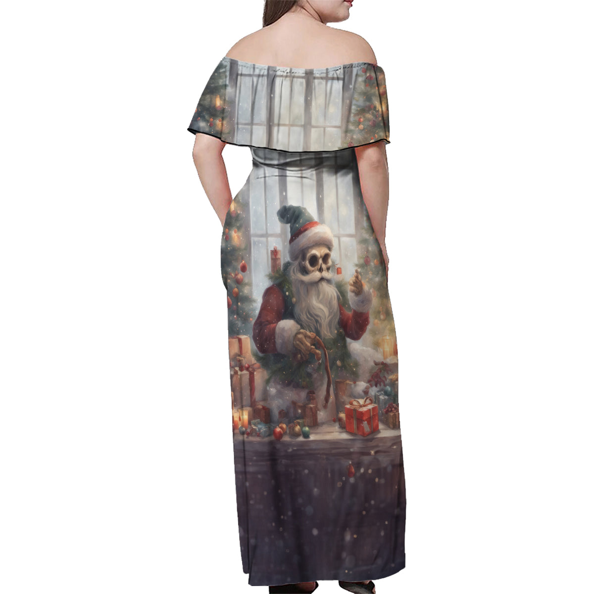 Skeleton Santa Claus Family Matching Off Shoulder Maxi Dress and Hawaiian Shirt Repair For Christmas Santa Claus - Wonder Print Shop