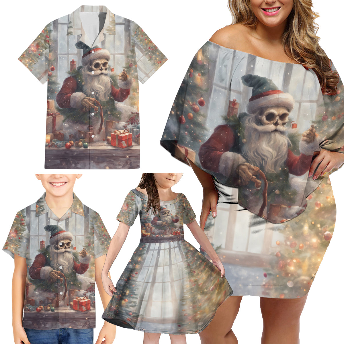Skeleton Santa Claus Family Matching Off Shoulder Short Dress and Hawaiian Shirt Repair For Christmas Santa Claus - Wonder Print Shop
