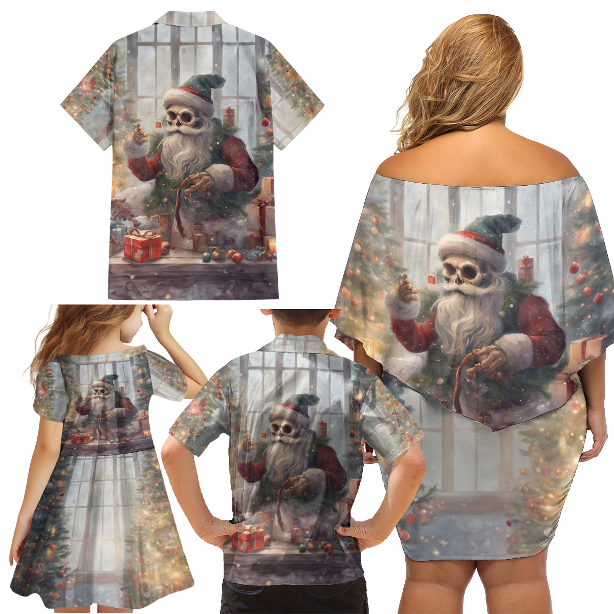 Skeleton Santa Claus Family Matching Off Shoulder Short Dress and Hawaiian Shirt Repair For Christmas Santa Claus - Wonder Print Shop