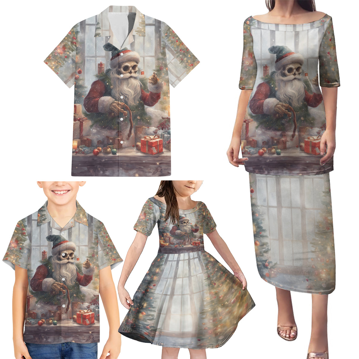 Skeleton Santa Claus Family Matching Puletasi Dress and Hawaiian Shirt Repair For Christmas Santa Claus - Wonder Print Shop