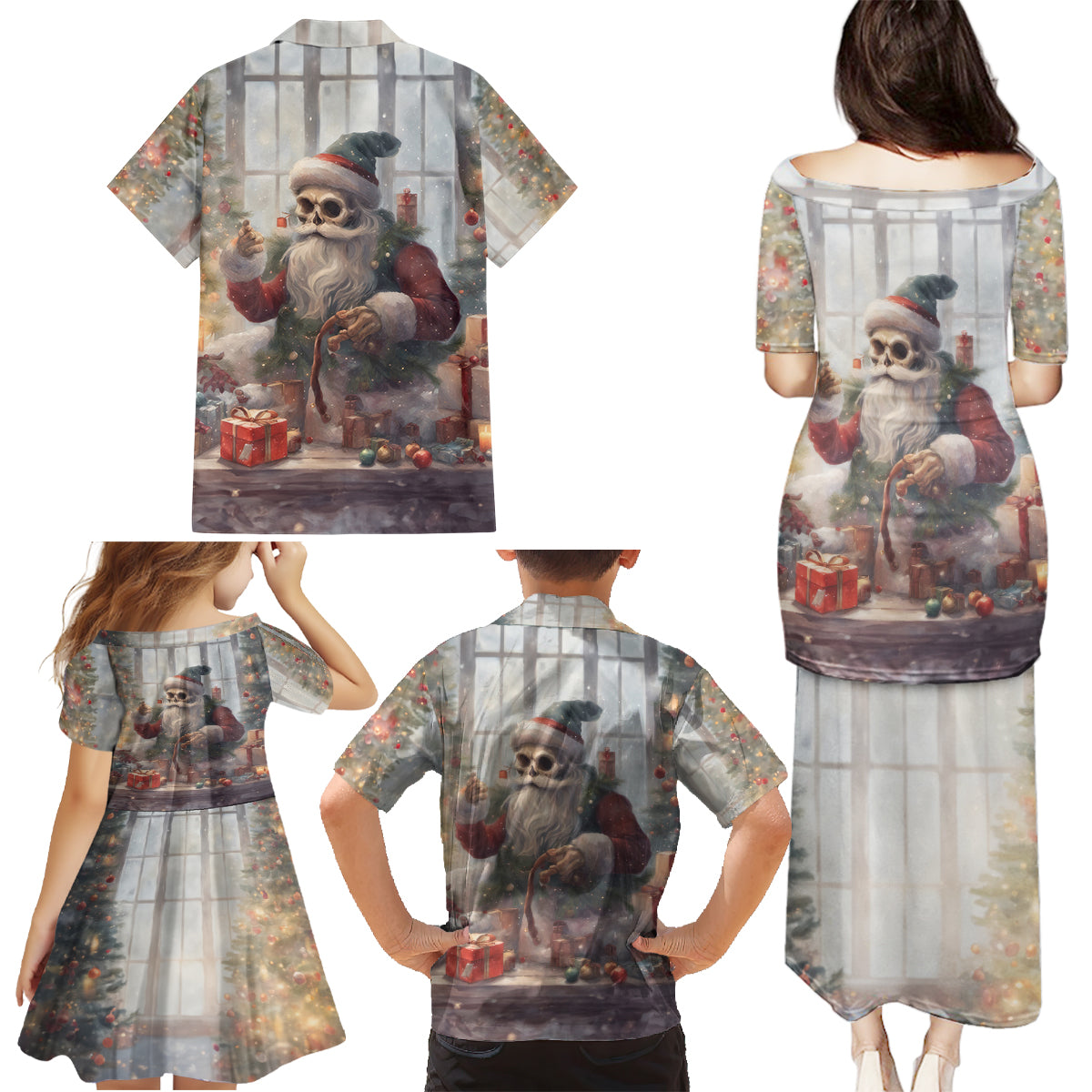 Skeleton Santa Claus Family Matching Puletasi Dress and Hawaiian Shirt Repair For Christmas Santa Claus - Wonder Print Shop