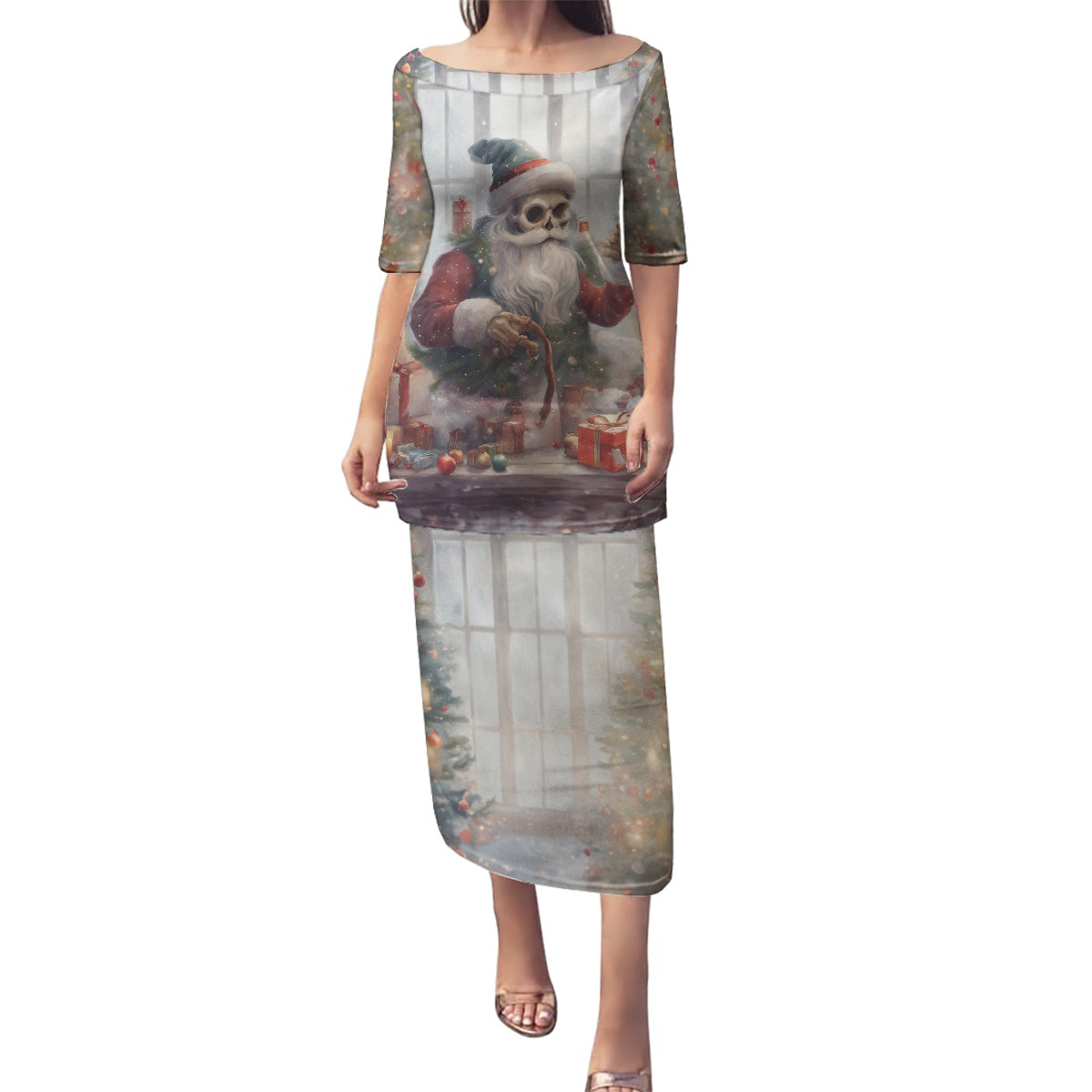 Skeleton Santa Claus Family Matching Puletasi Dress and Hawaiian Shirt Repair For Christmas Santa Claus - Wonder Print Shop