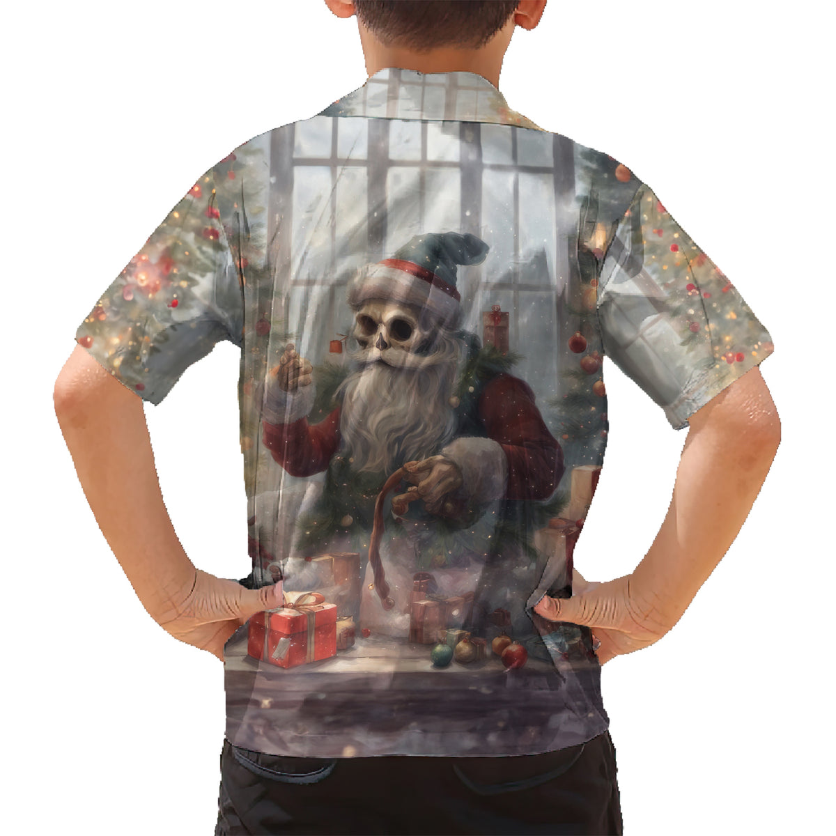 Skeleton Santa Claus Family Matching Short Sleeve Bodycon Dress and Hawaiian Shirt Repair For Christmas Santa Claus - Wonder Print Shop