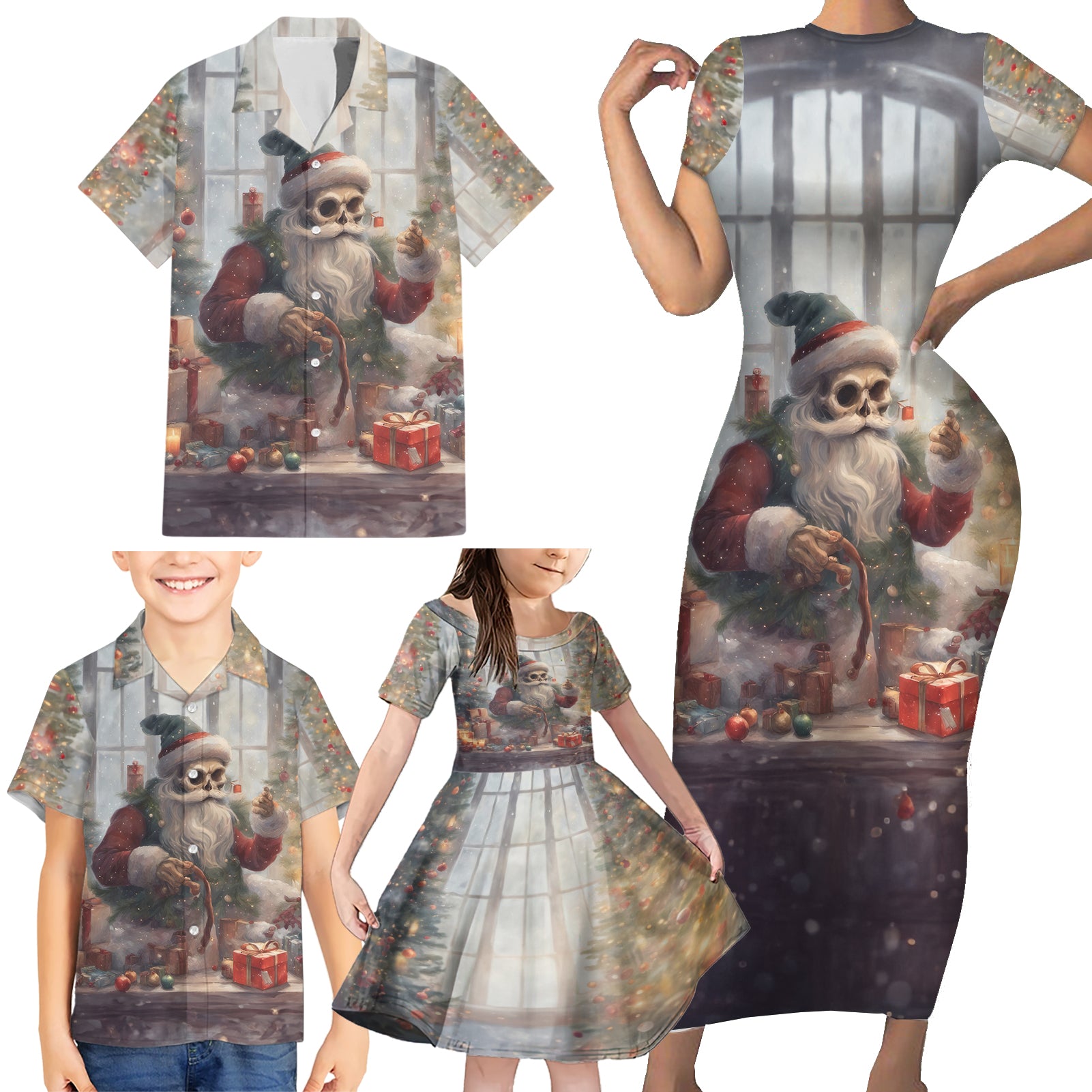 Skeleton Santa Claus Family Matching Short Sleeve Bodycon Dress and Hawaiian Shirt Repair For Christmas Santa Claus - Wonder Print Shop