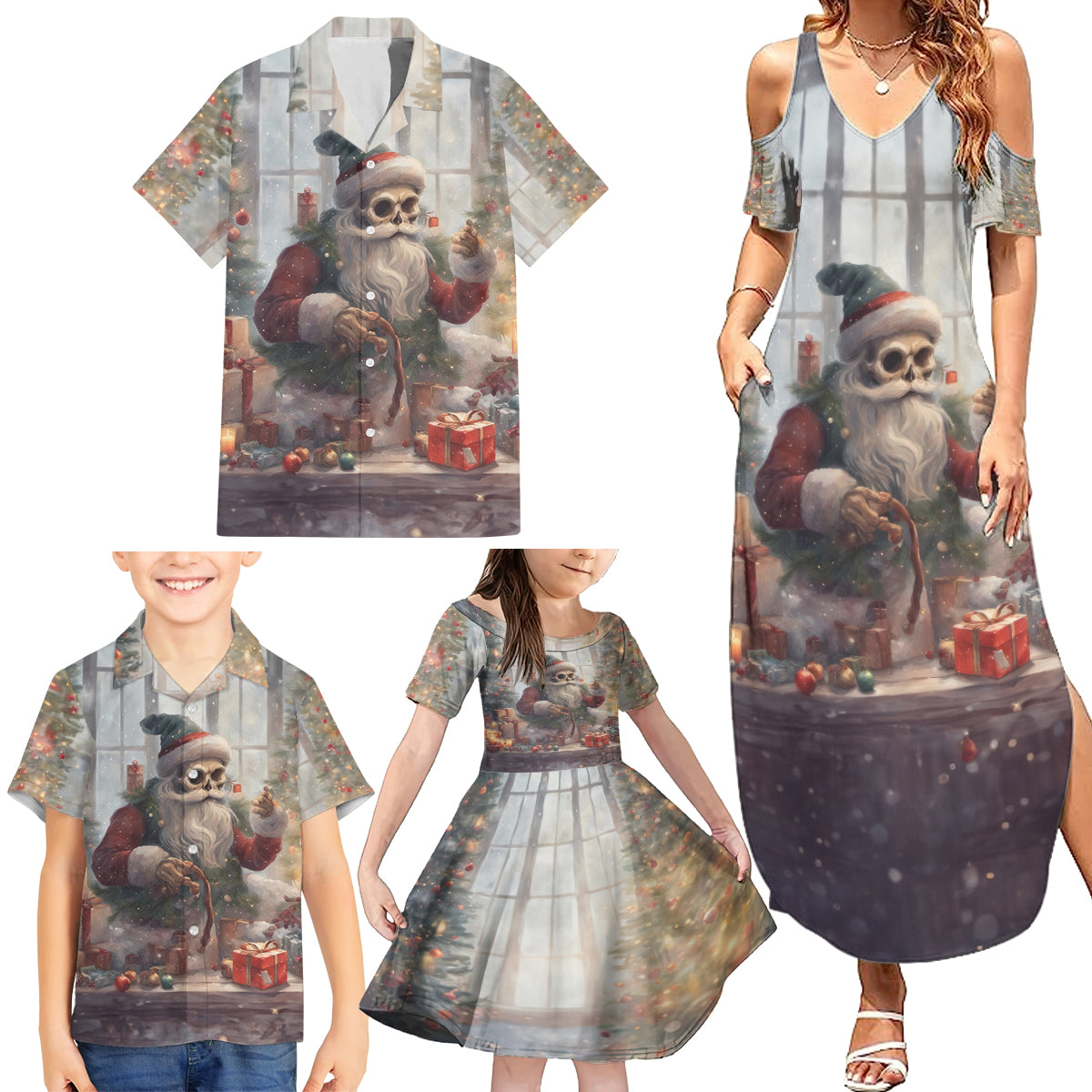 Skeleton Santa Claus Family Matching Summer Maxi Dress and Hawaiian Shirt Repair For Christmas Santa Claus - Wonder Print Shop