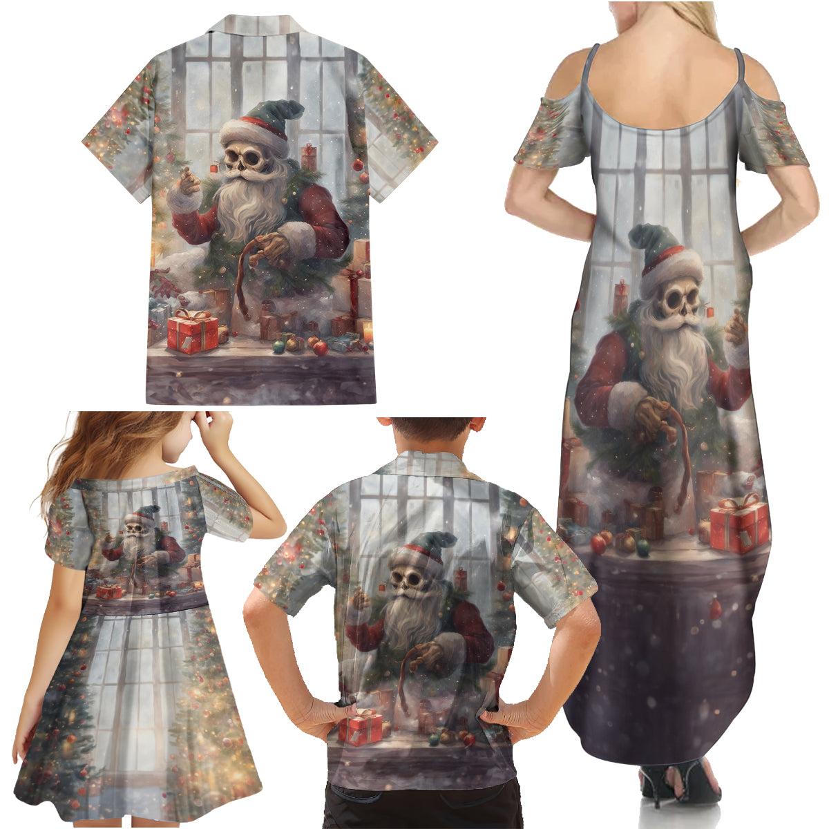 Skeleton Santa Claus Family Matching Summer Maxi Dress and Hawaiian Shirt Repair For Christmas Santa Claus - Wonder Print Shop