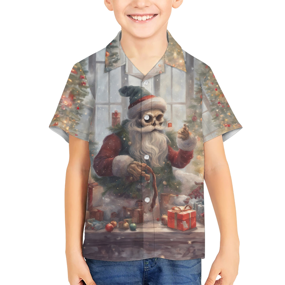 Skeleton Santa Claus Kid Hawaiian Shirt Repair For Christmas Santa Claus - Wonder Print Shop