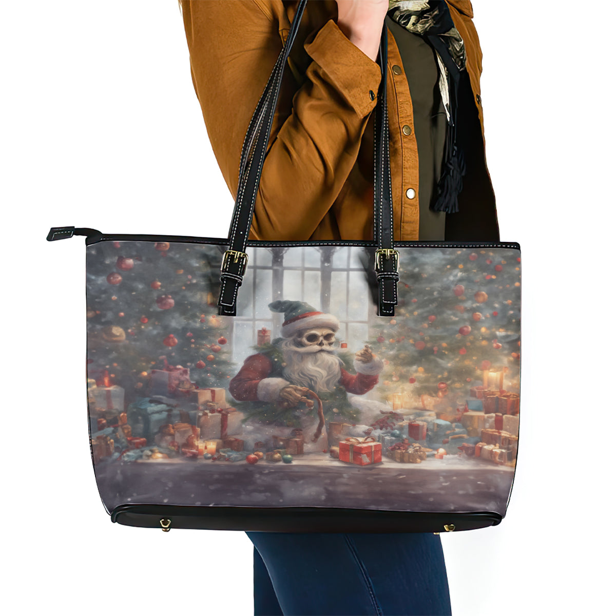 Skeleton Santa Claus Leather Tote Bag Repair For Christmas Santa Claus - Wonder Print Shop