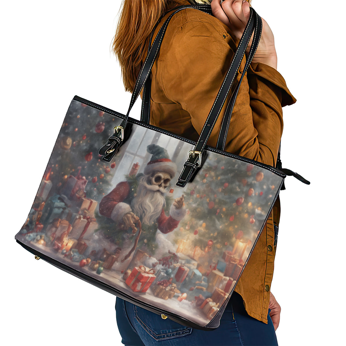 Skeleton Santa Claus Leather Tote Bag Repair For Christmas Santa Claus - Wonder Print Shop