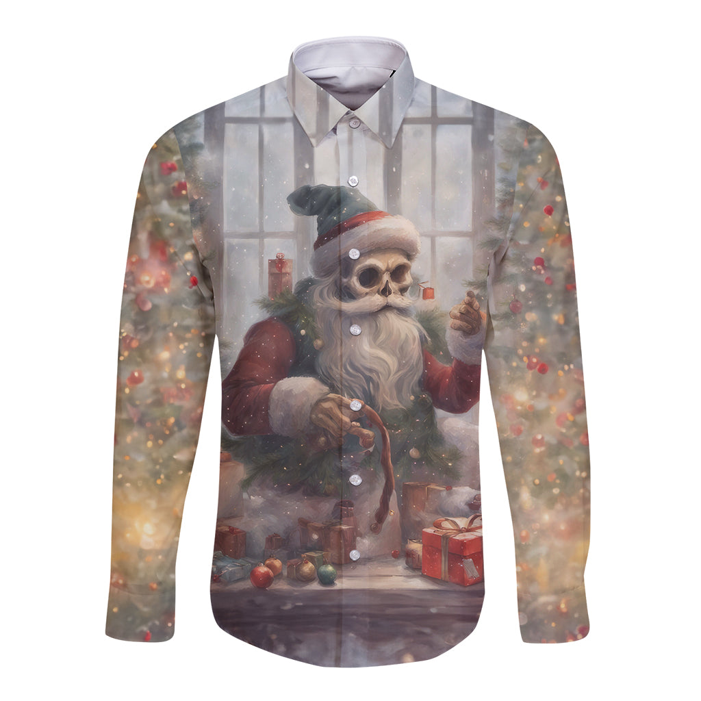 Skeleton Santa Claus Long Sleeve Button Shirt Repair For Christmas Santa Claus - Wonder Print Shop