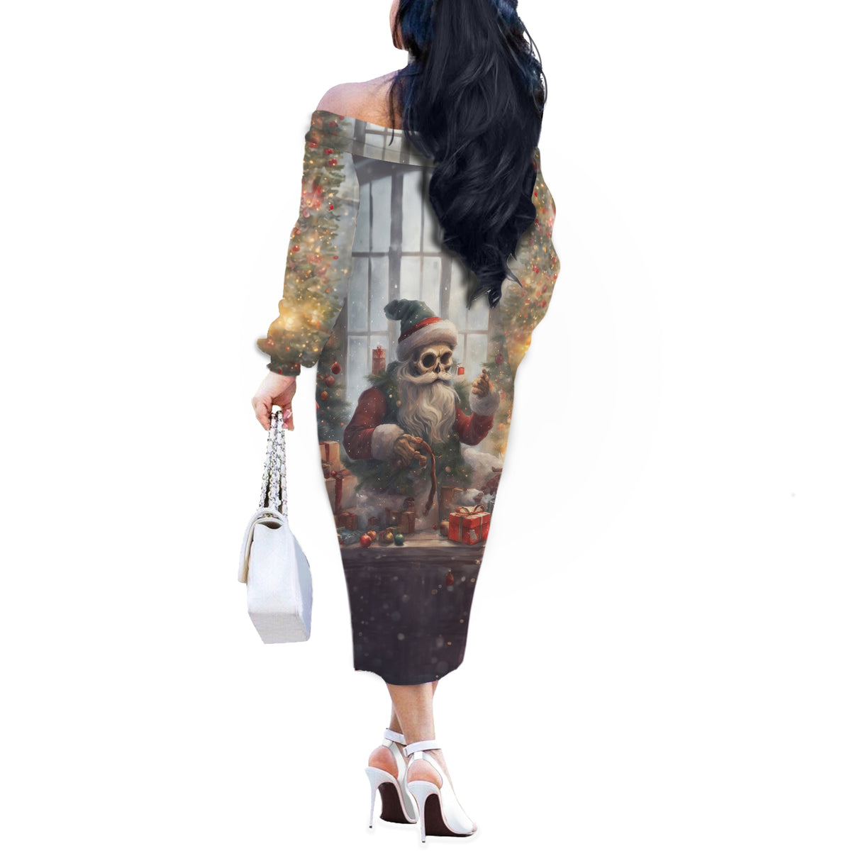 Skeleton Santa Claus Off The Shoulder Long Sleeve Dress Repair For Christmas Santa Claus - Wonder Print Shop