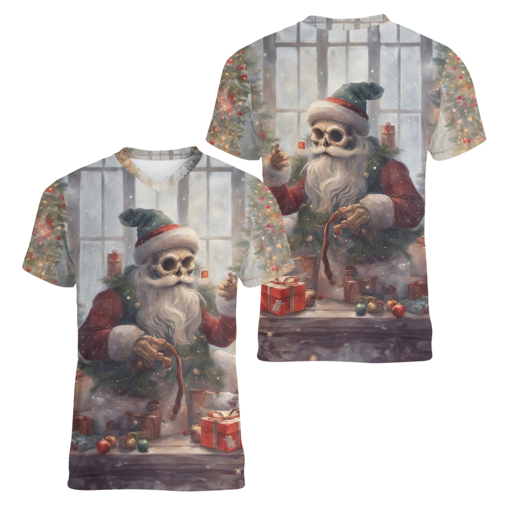 Skeleton Santa Claus Women V Neck T Shirt Repair For Christmas Santa Claus - Wonder Print Shop