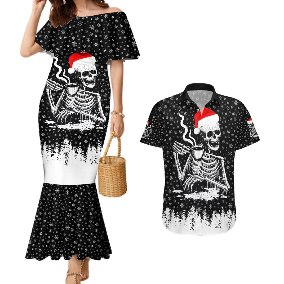 Skeleton Santa Claus Couples Matching Mermaid Dress and Hawaiian Shirt Scary Skeleton Santa Claus Coming - Wonder Print Shop