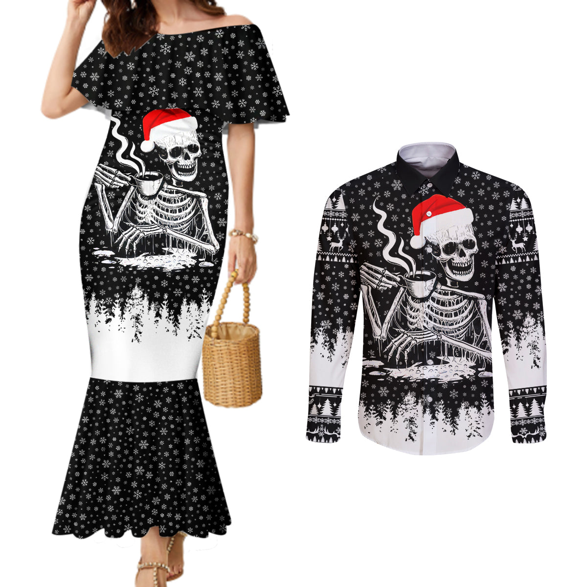 skeleton-santa-claus-couples-matching-mermaid-dress-and-long-sleeve-button-shirt-scary-skeleton-santa-claus-coming