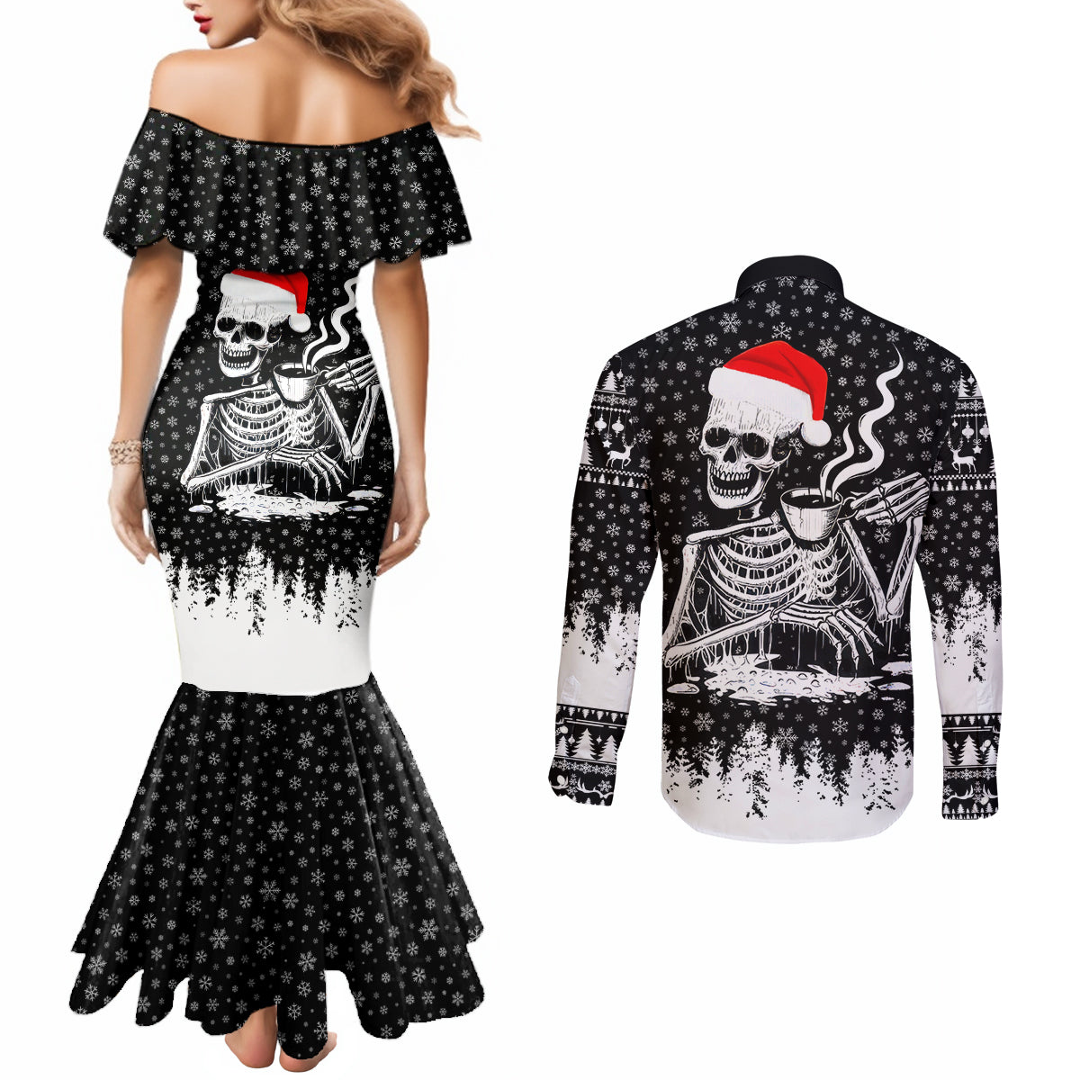 skeleton-santa-claus-couples-matching-mermaid-dress-and-long-sleeve-button-shirt-scary-skeleton-santa-claus-coming