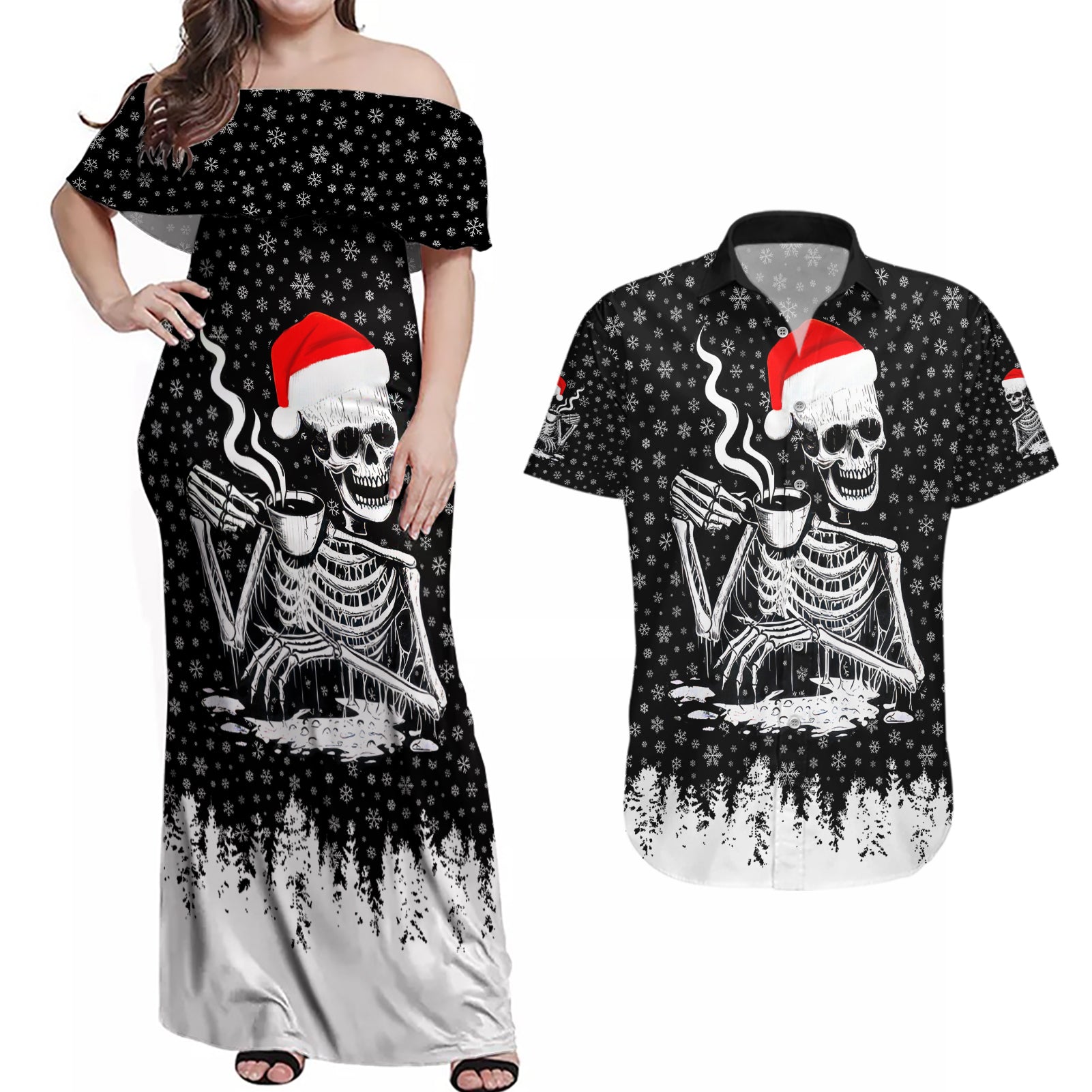 Skeleton Santa Claus Couples Matching Off Shoulder Maxi Dress and Hawaiian Shirt Scary Skeleton Santa Claus Coming - Wonder Print Shop