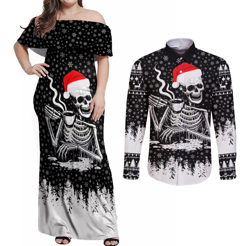 Skeleton Santa Claus Couples Matching Off Shoulder Maxi Dress and Long Sleeve Button Shirt Scary Skeleton Santa Claus Coming - Wonder Print Shop