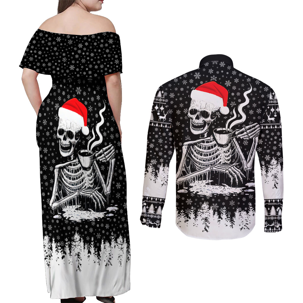 Skeleton Santa Claus Couples Matching Off Shoulder Maxi Dress and Long Sleeve Button Shirt Scary Skeleton Santa Claus Coming - Wonder Print Shop