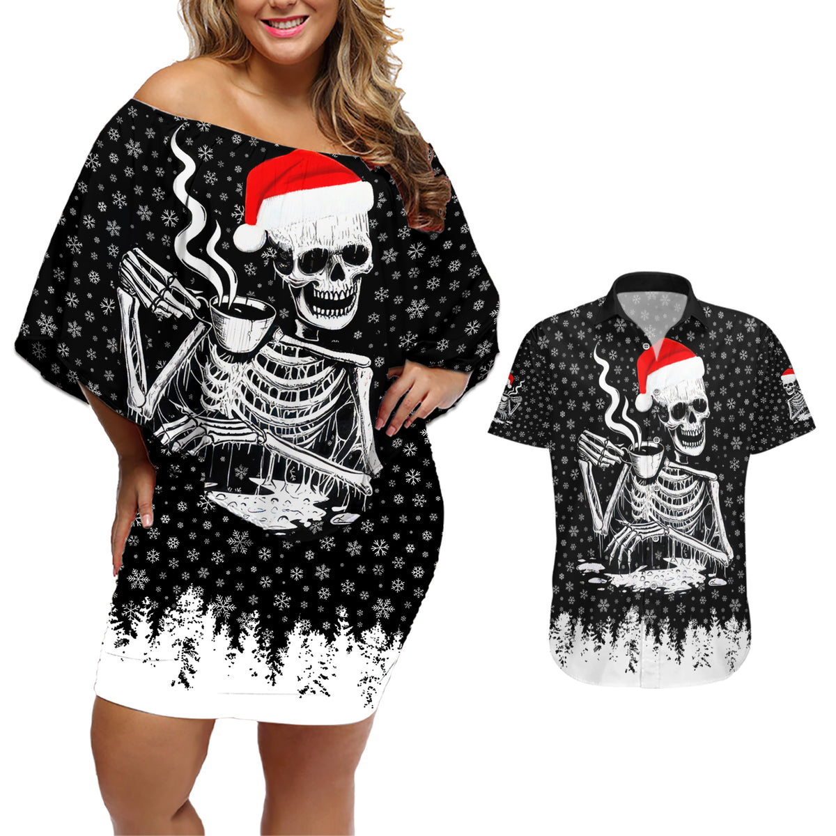 Skeleton Santa Claus Couples Matching Off Shoulder Short Dress and Hawaiian Shirt Scary Skeleton Santa Claus Coming - Wonder Print Shop