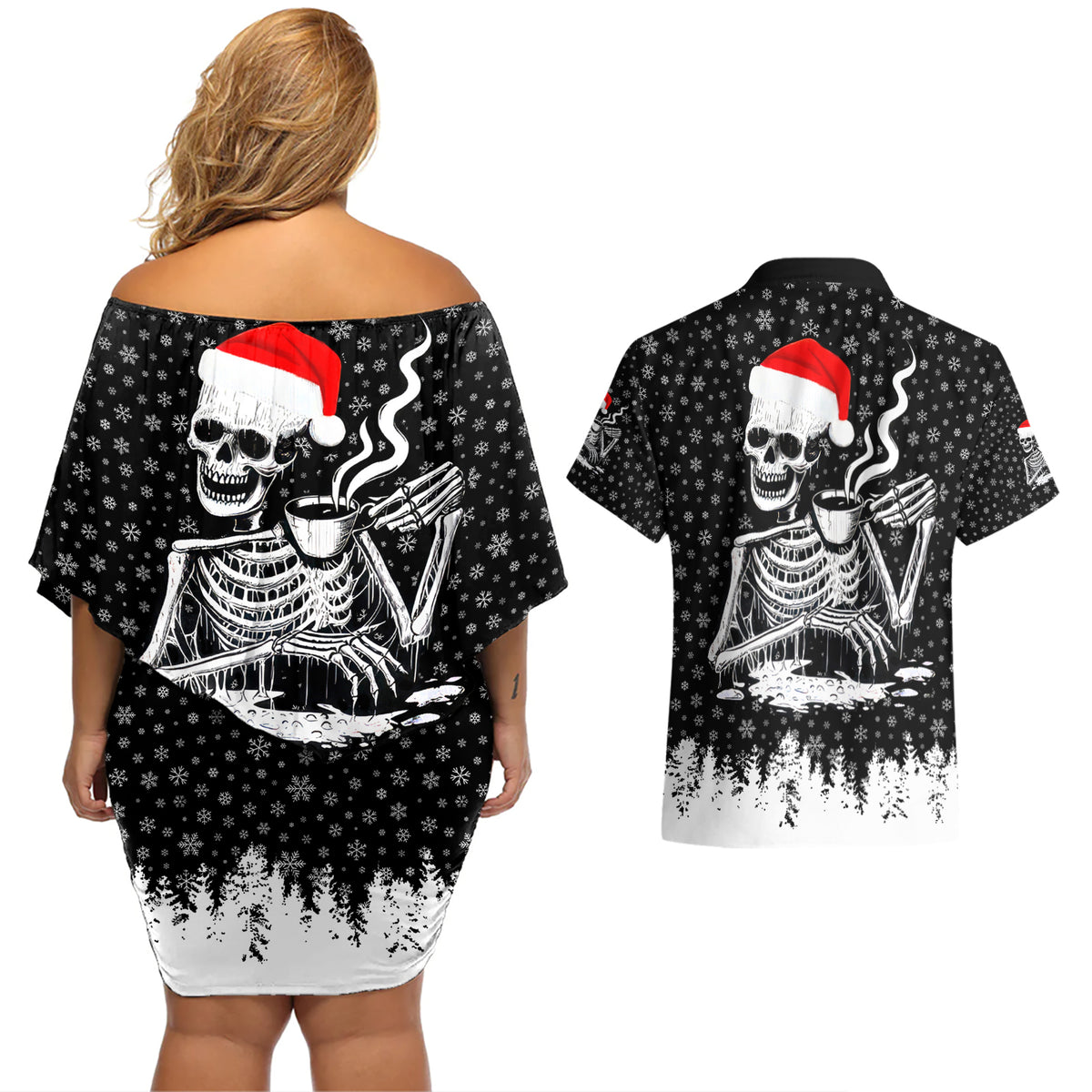Skeleton Santa Claus Couples Matching Off Shoulder Short Dress and Hawaiian Shirt Scary Skeleton Santa Claus Coming - Wonder Print Shop
