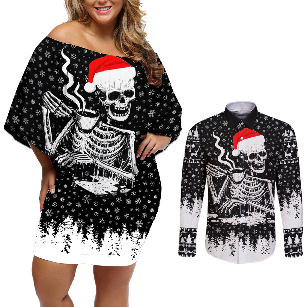 Skeleton Santa Claus Couples Matching Off Shoulder Short Dress and Long Sleeve Button Shirt Scary Skeleton Santa Claus Coming - Wonder Print Shop