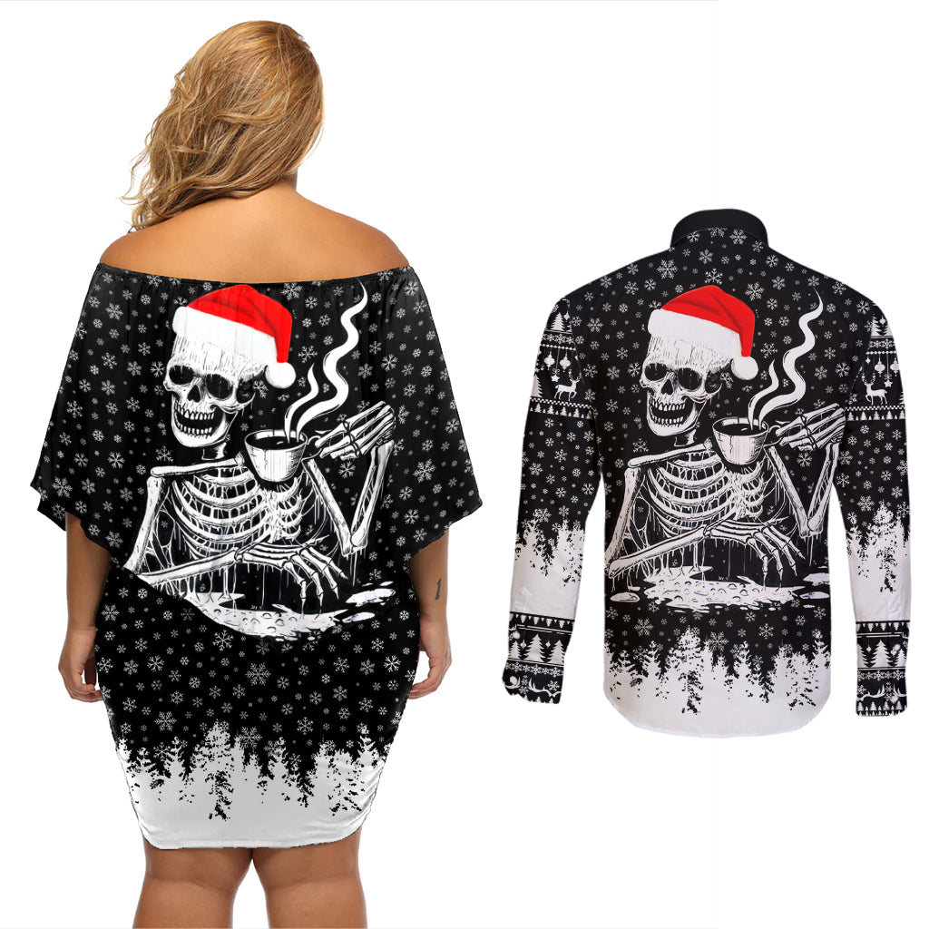Skeleton Santa Claus Couples Matching Off Shoulder Short Dress and Long Sleeve Button Shirt Scary Skeleton Santa Claus Coming - Wonder Print Shop