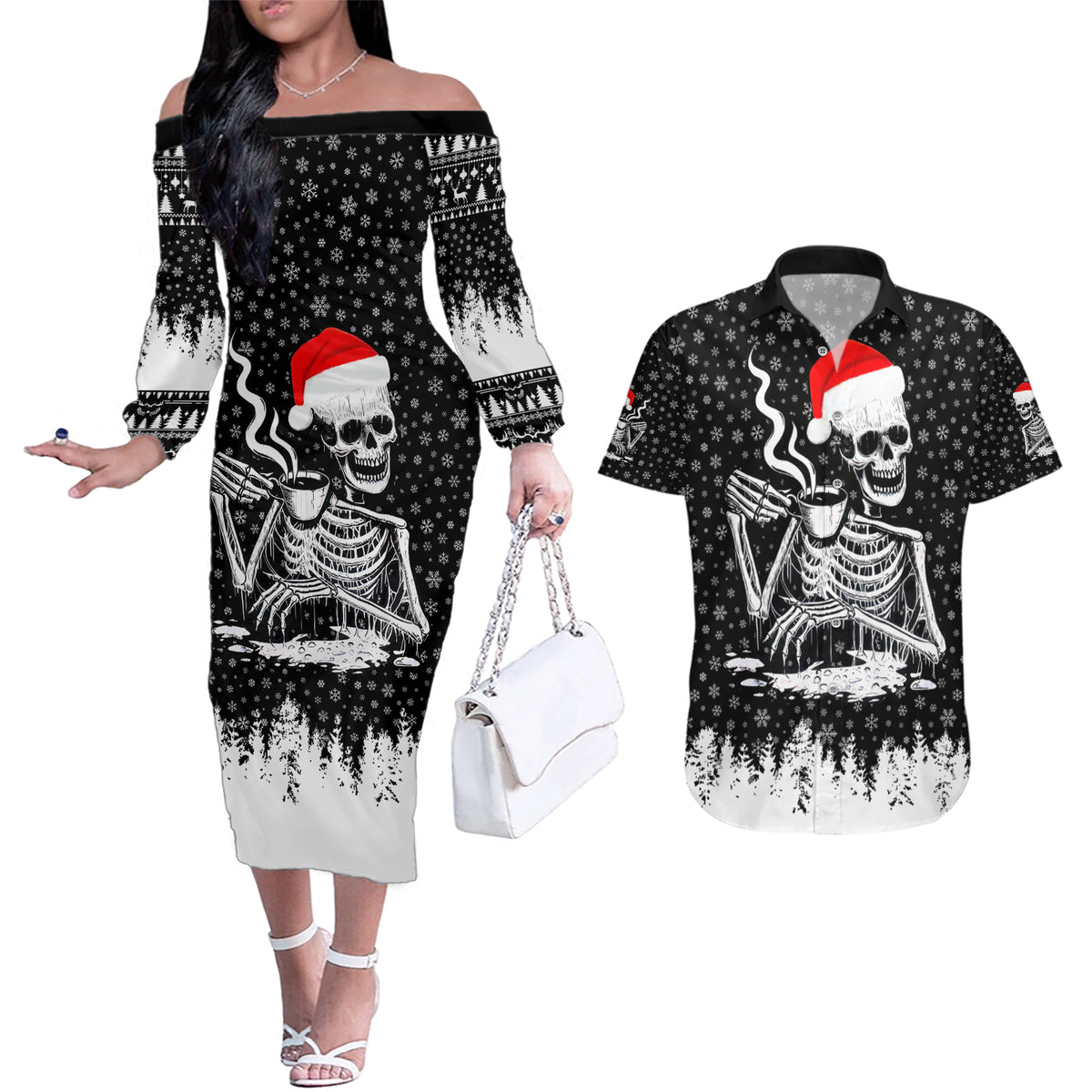 Skeleton Santa Claus Couples Matching Off The Shoulder Long Sleeve Dress and Hawaiian Shirt Scary Skeleton Santa Claus Coming - Wonder Print Shop
