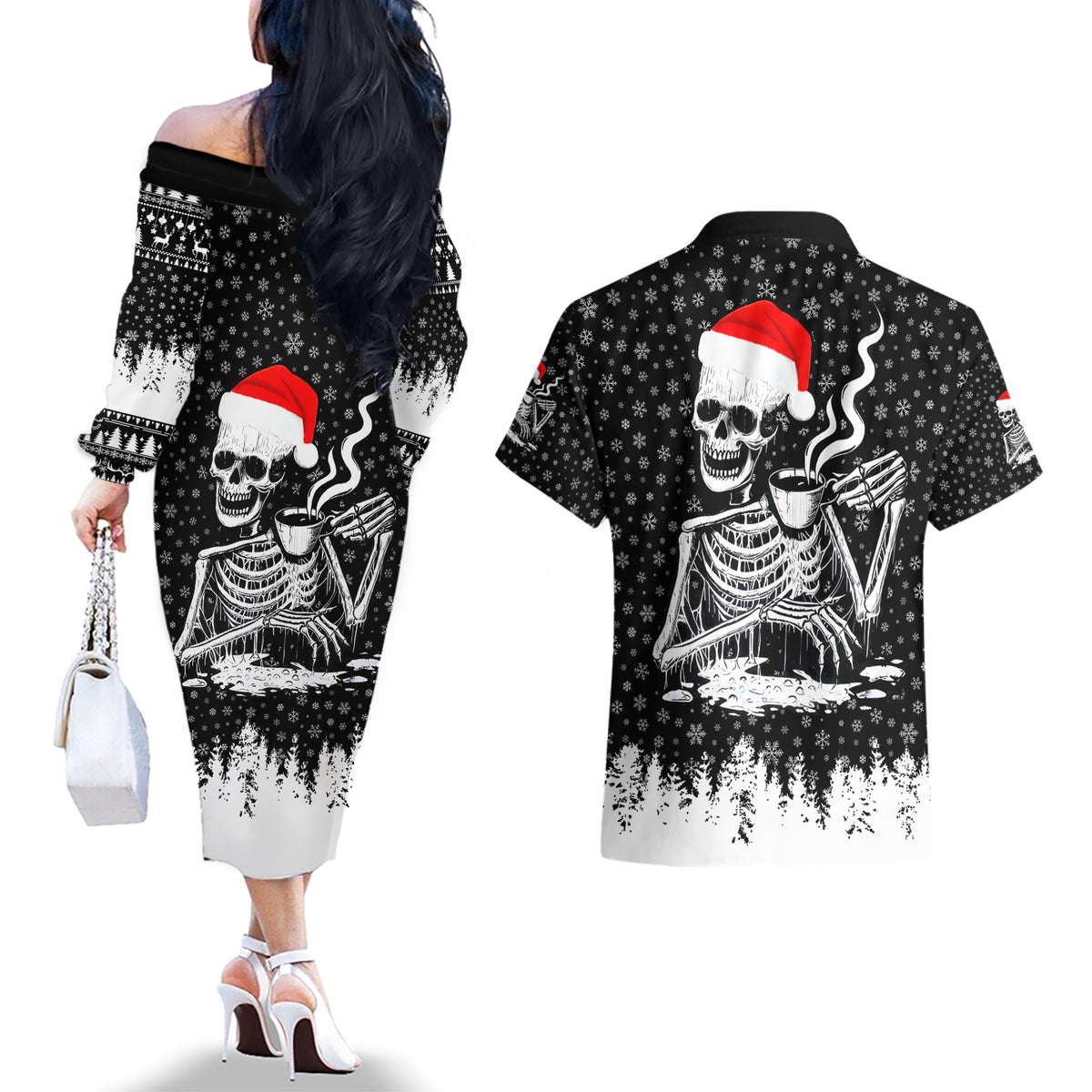 Skeleton Santa Claus Couples Matching Off The Shoulder Long Sleeve Dress and Hawaiian Shirt Scary Skeleton Santa Claus Coming - Wonder Print Shop