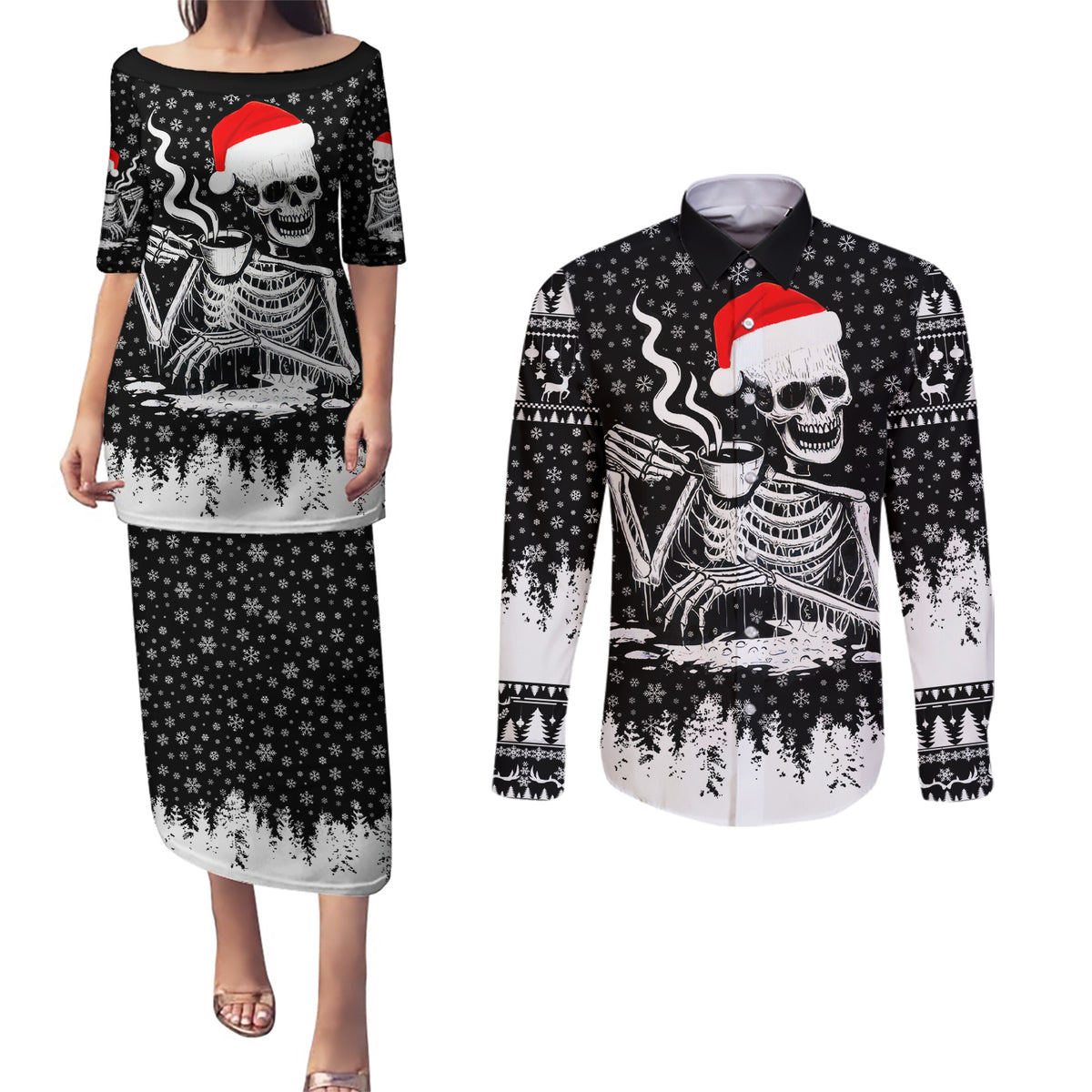 Skeleton Santa Claus Couples Matching Puletasi Dress and Long Sleeve Button Shirt Scary Skeleton Santa Claus Coming - Wonder Print Shop