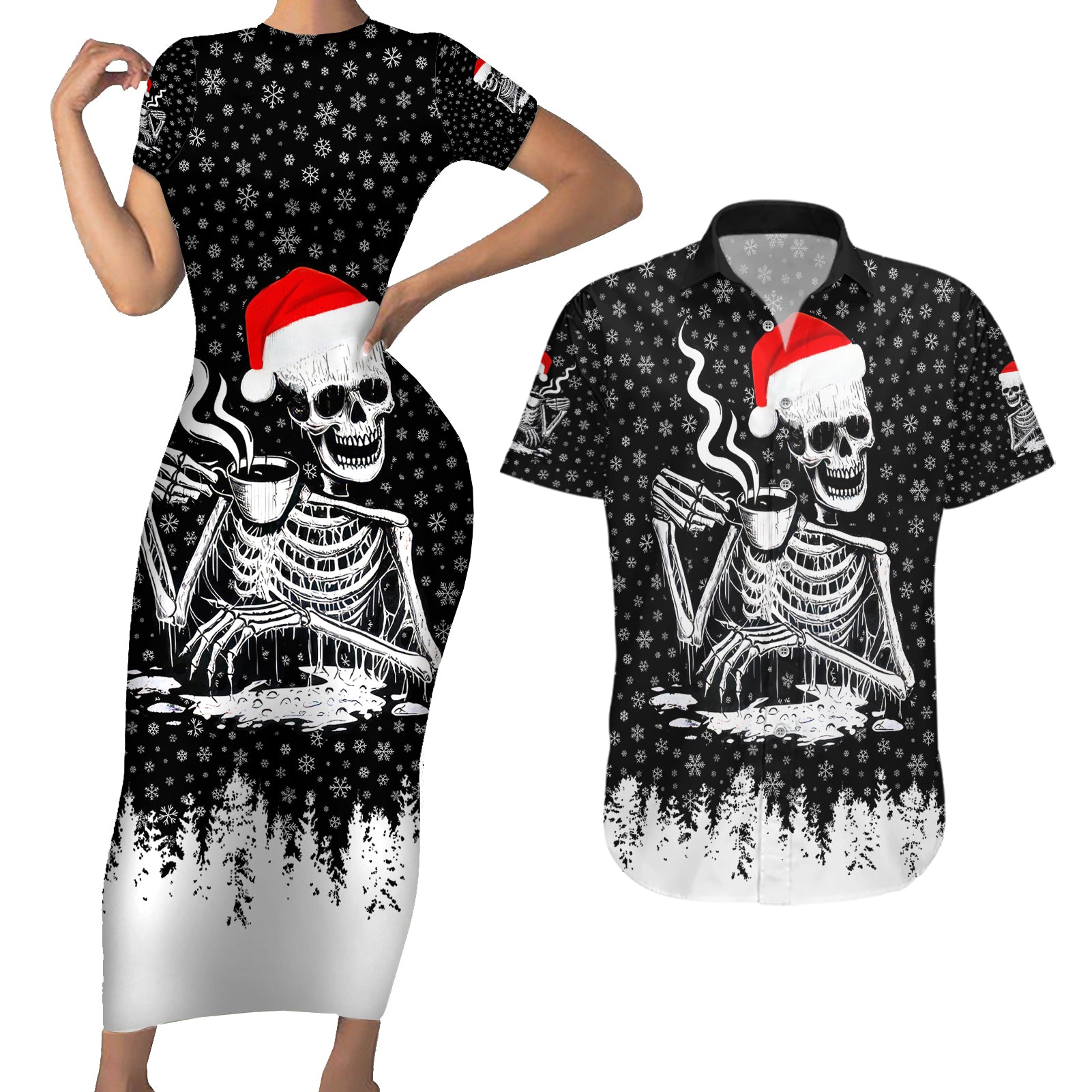 Skeleton Santa Claus Couples Matching Short Sleeve Bodycon Dress and Hawaiian Shirt Scary Skeleton Santa Claus Coming - Wonder Print Shop