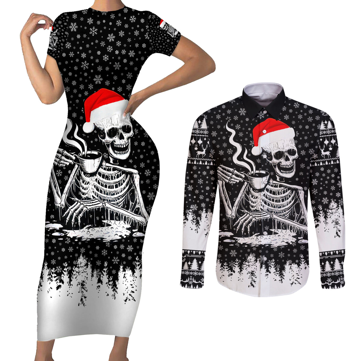 Skeleton Santa Claus Couples Matching Short Sleeve Bodycon Dress and Long Sleeve Button Shirt Scary Skeleton Santa Claus Coming - Wonder Print Shop