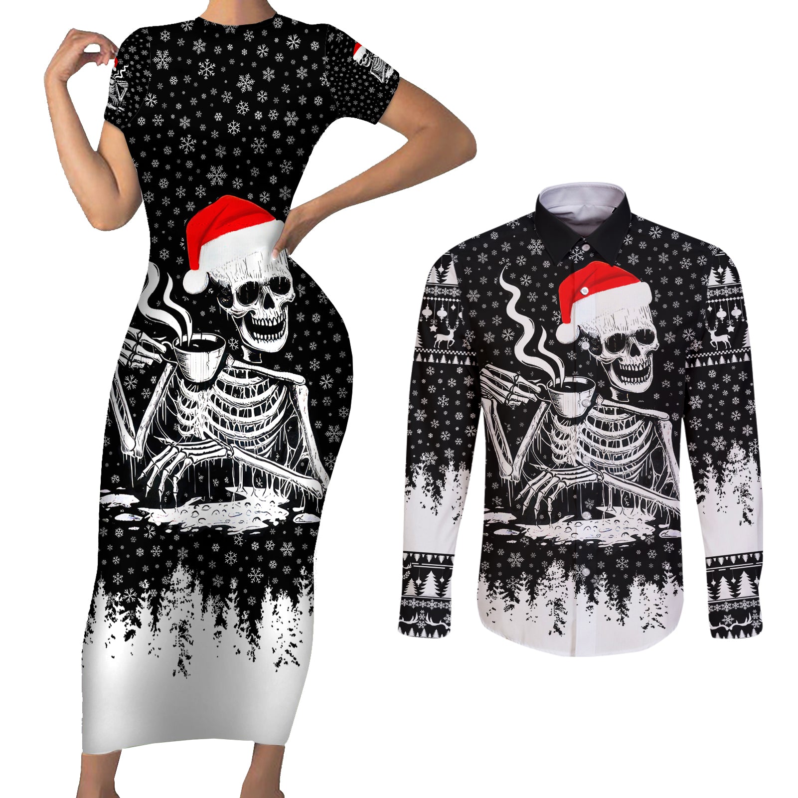 Skeleton Santa Claus Couples Matching Short Sleeve Bodycon Dress and Long Sleeve Button Shirt Scary Skeleton Santa Claus Coming - Wonder Print Shop