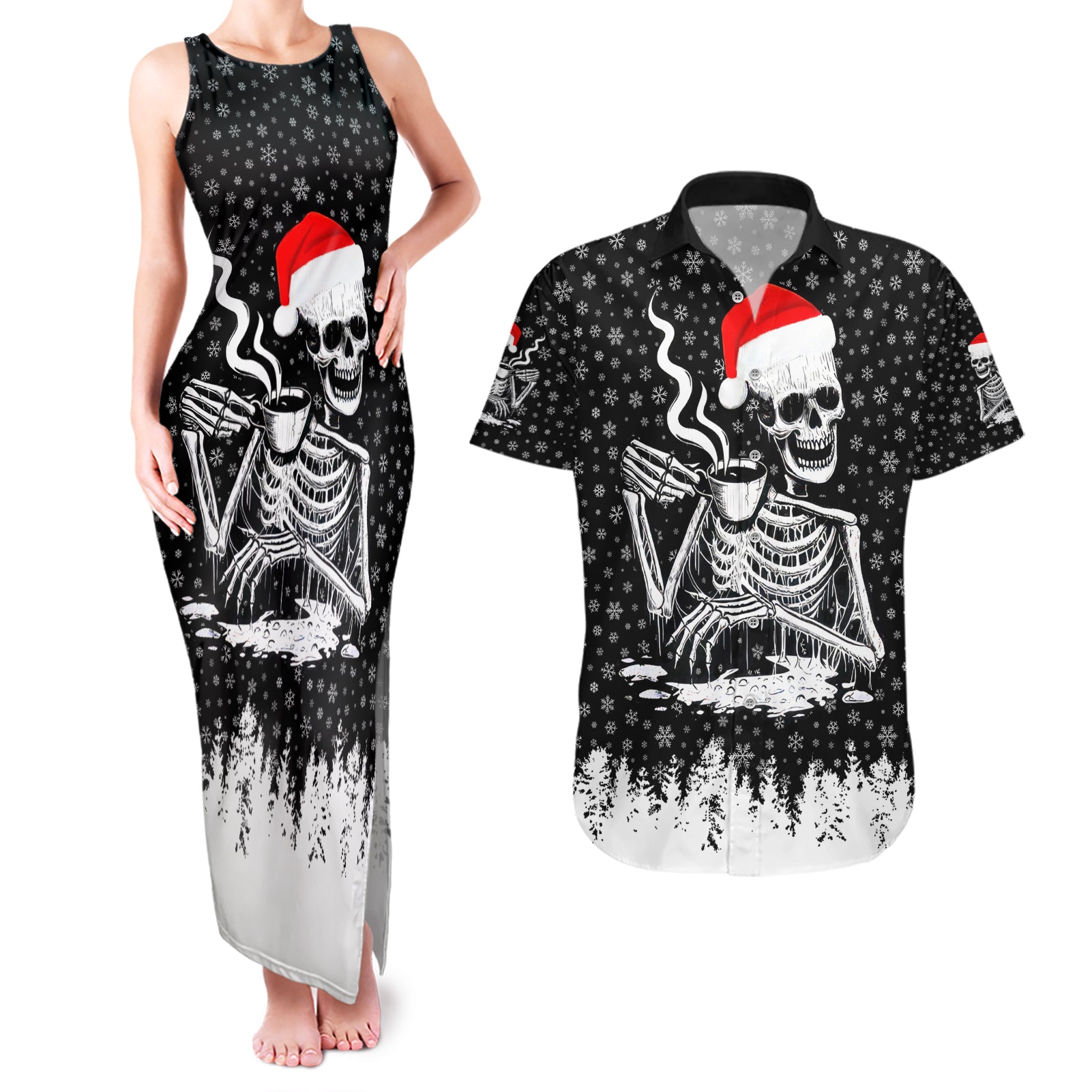 Skeleton Santa Claus Couples Matching Tank Maxi Dress and Hawaiian Shirt Scary Skeleton Santa Claus Coming - Wonder Print Shop