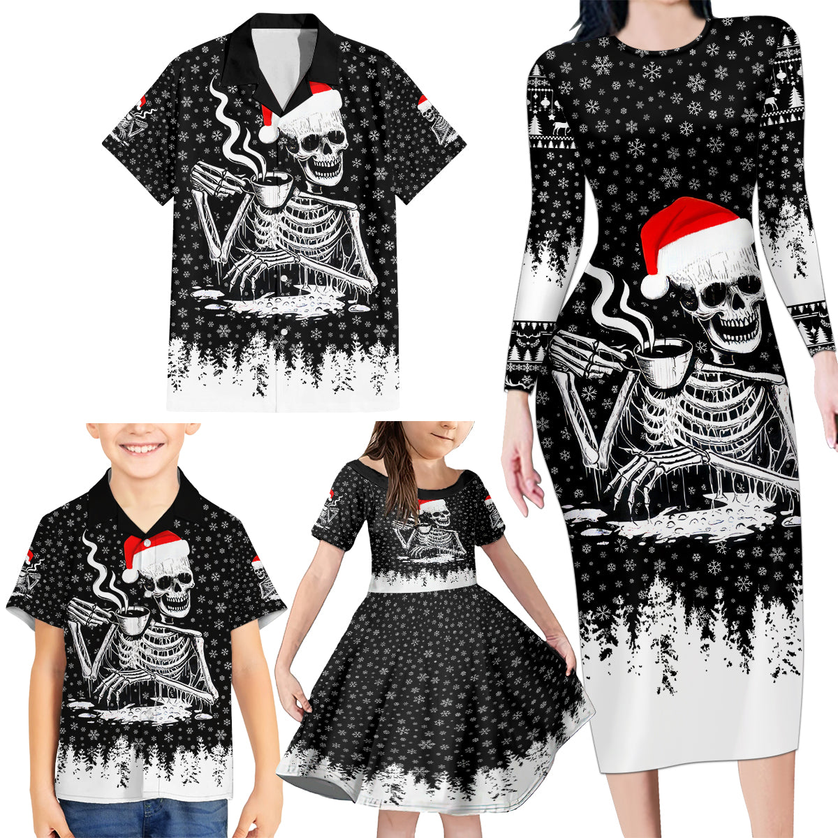 Skeleton Santa Claus Family Matching Long Sleeve Bodycon Dress and Hawaiian Shirt Scary Skeleton Santa Claus Coming - Wonder Print Shop
