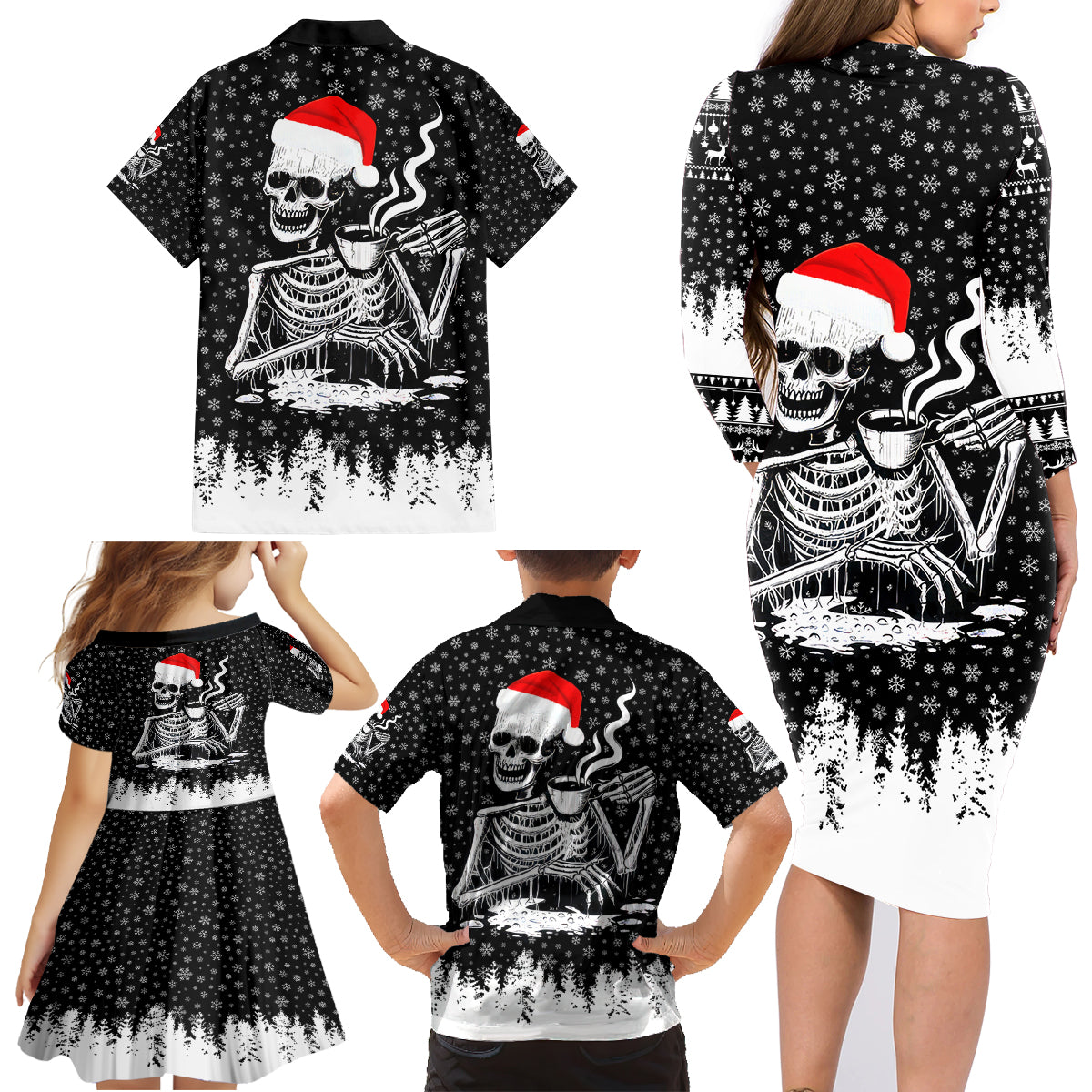 Skeleton Santa Claus Family Matching Long Sleeve Bodycon Dress and Hawaiian Shirt Scary Skeleton Santa Claus Coming - Wonder Print Shop