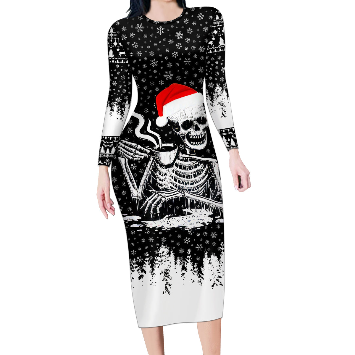Skeleton Santa Claus Family Matching Long Sleeve Bodycon Dress and Hawaiian Shirt Scary Skeleton Santa Claus Coming - Wonder Print Shop