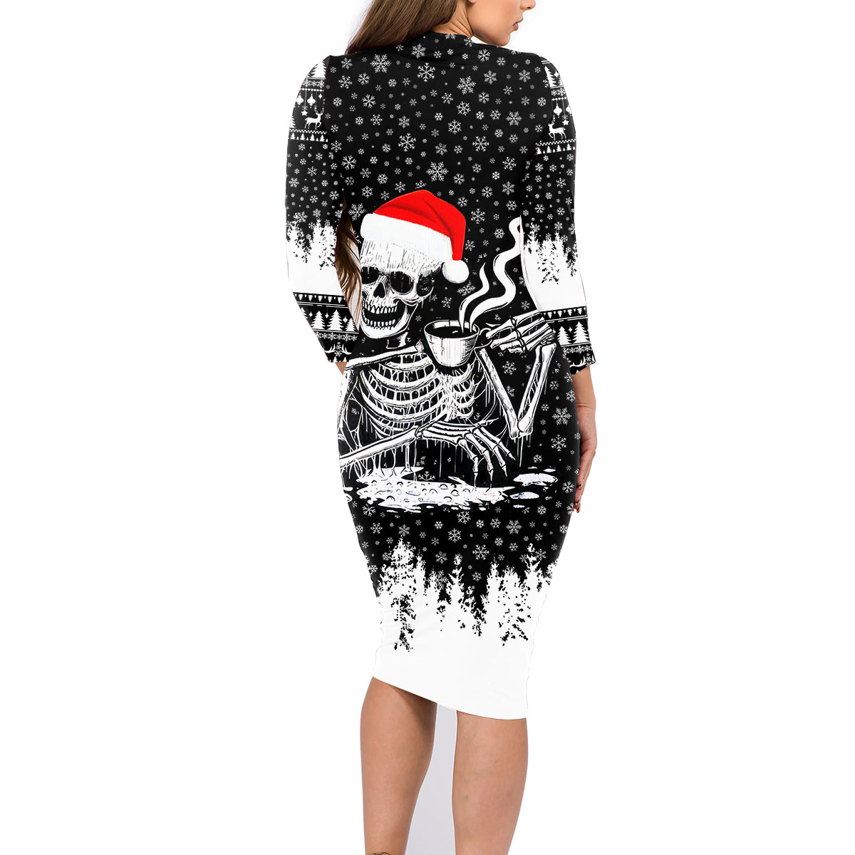 Skeleton Santa Claus Family Matching Long Sleeve Bodycon Dress and Hawaiian Shirt Scary Skeleton Santa Claus Coming - Wonder Print Shop