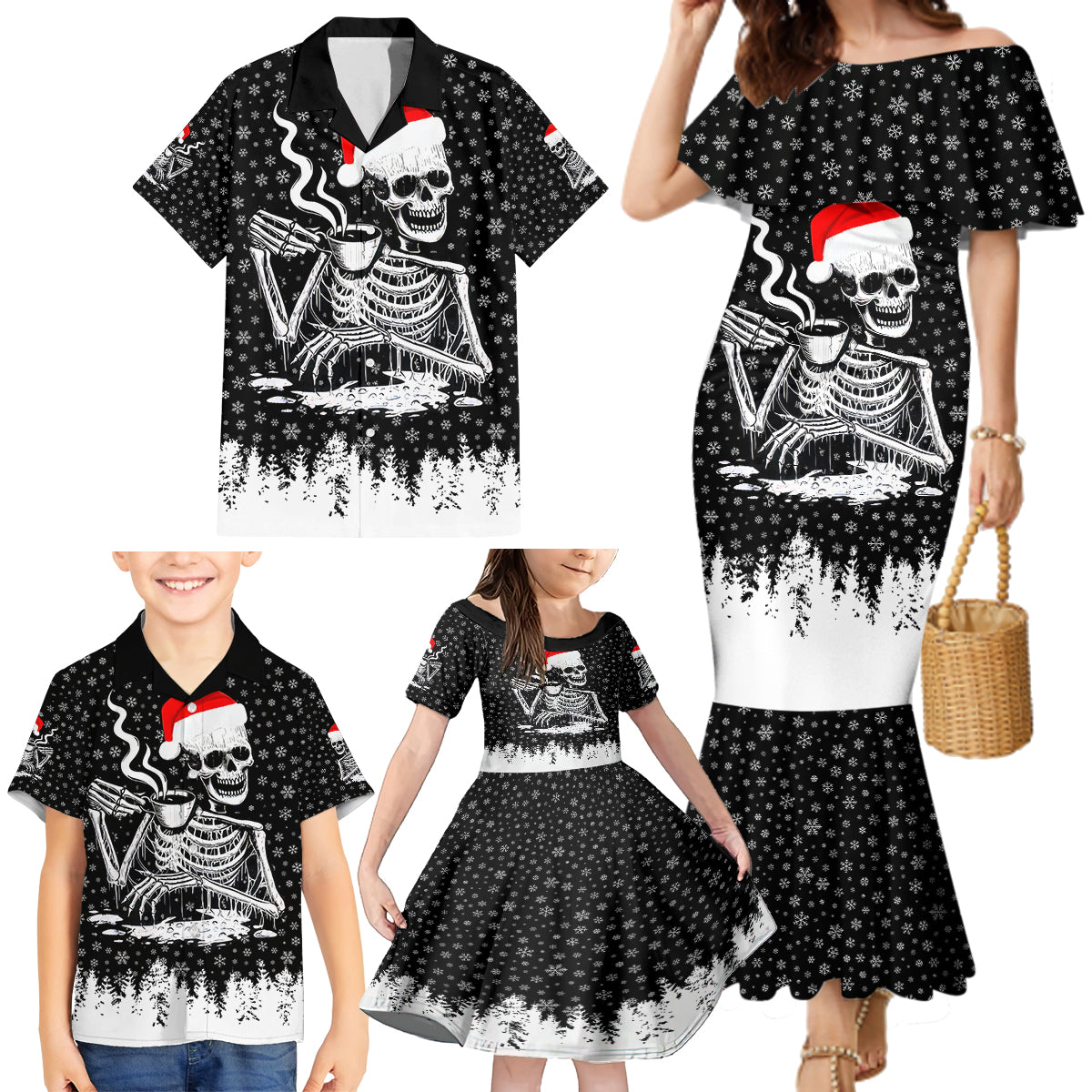 Skeleton Santa Claus Family Matching Mermaid Dress and Hawaiian Shirt Scary Skeleton Santa Claus Coming - Wonder Print Shop