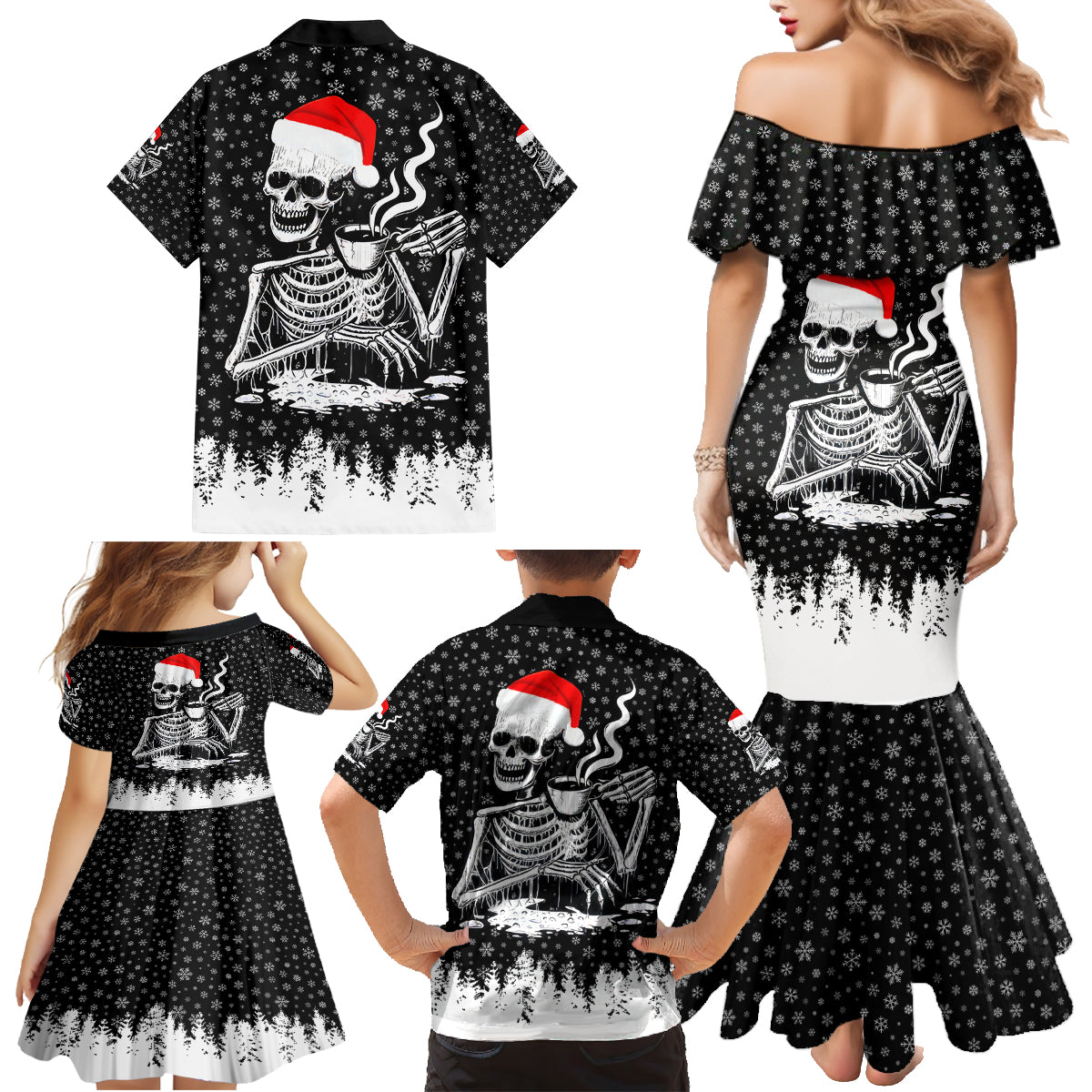 Skeleton Santa Claus Family Matching Mermaid Dress and Hawaiian Shirt Scary Skeleton Santa Claus Coming - Wonder Print Shop