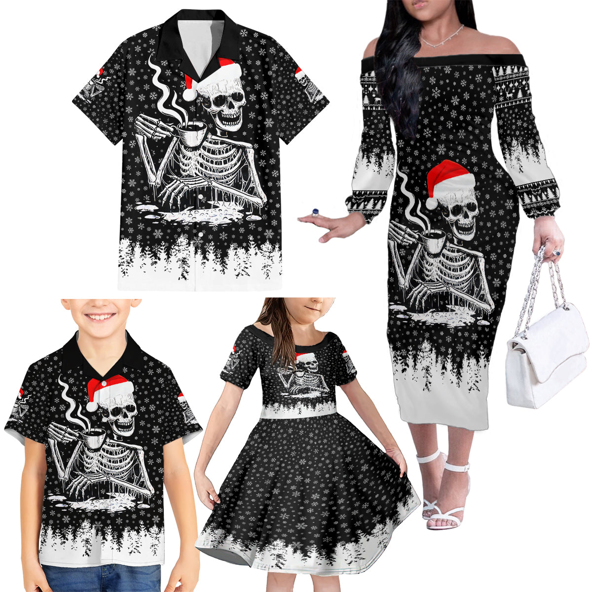 Skeleton Santa Claus Family Matching Off Shoulder Long Sleeve Dress and Hawaiian Shirt Scary Skeleton Santa Claus Coming - Wonder Print Shop