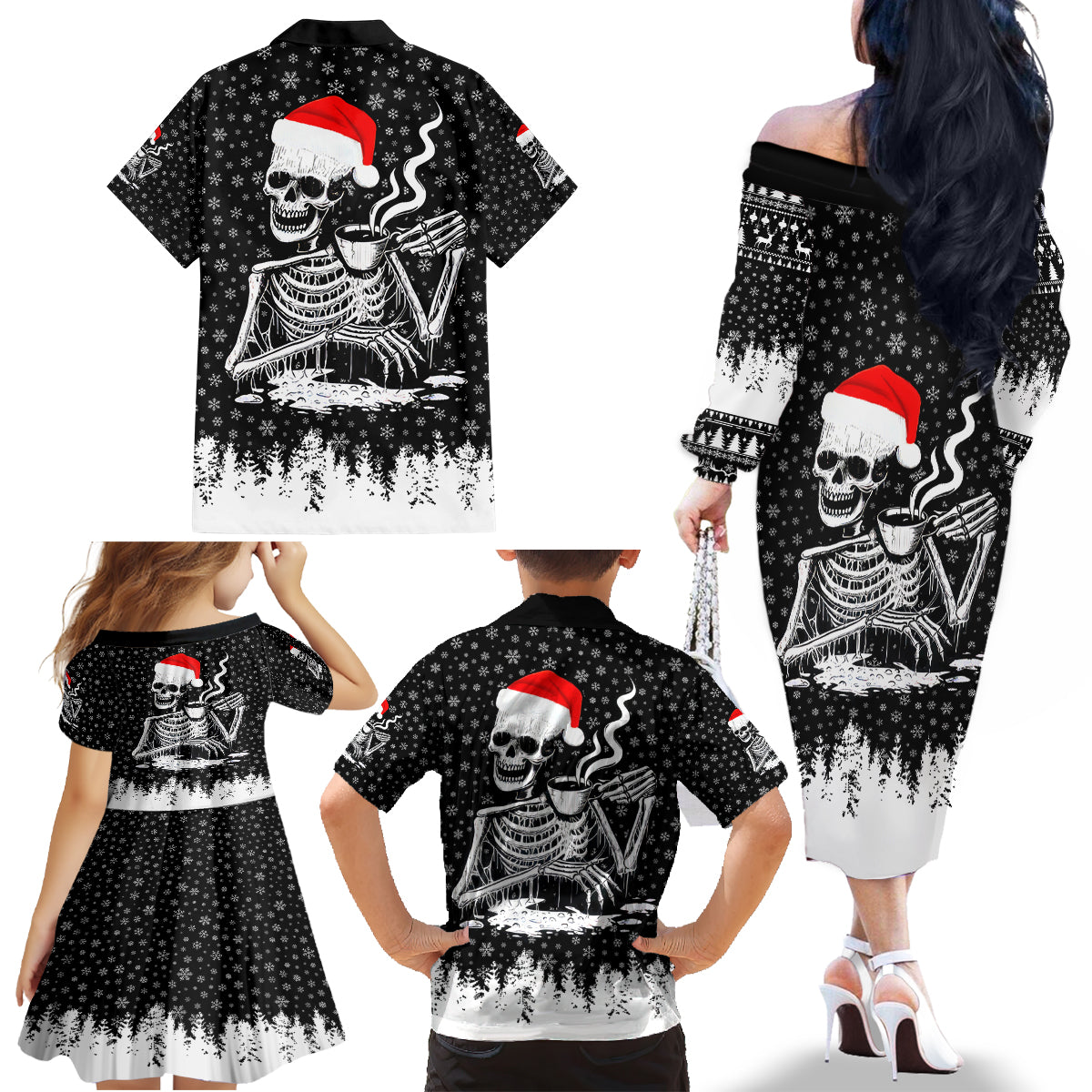 Skeleton Santa Claus Family Matching Off Shoulder Long Sleeve Dress and Hawaiian Shirt Scary Skeleton Santa Claus Coming - Wonder Print Shop