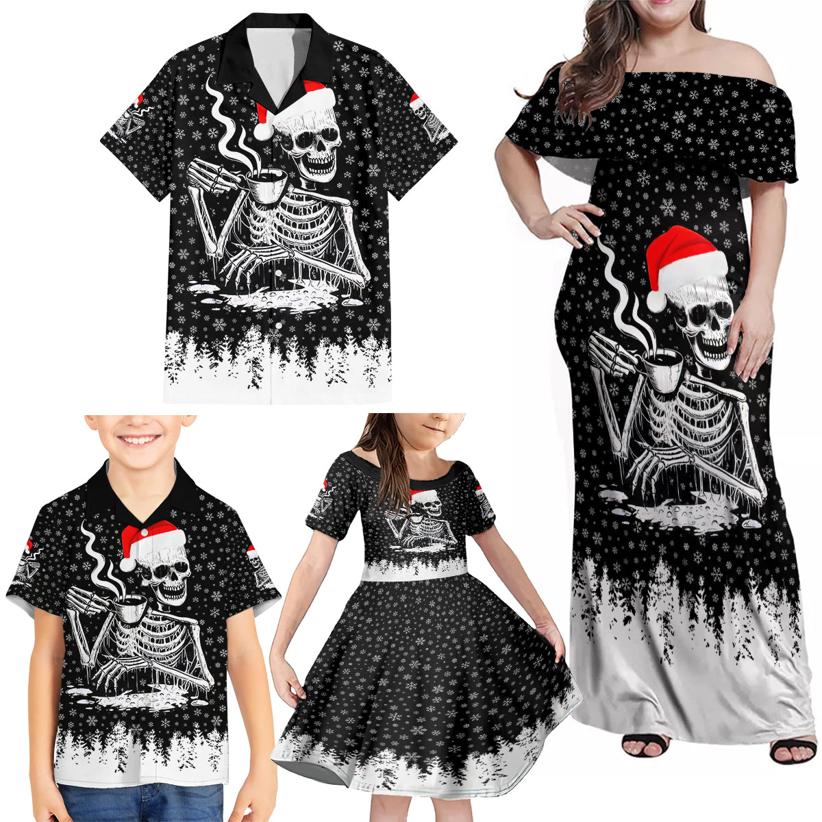 Skeleton Santa Claus Family Matching Off Shoulder Maxi Dress and Hawaiian Shirt Scary Skeleton Santa Claus Coming - Wonder Print Shop